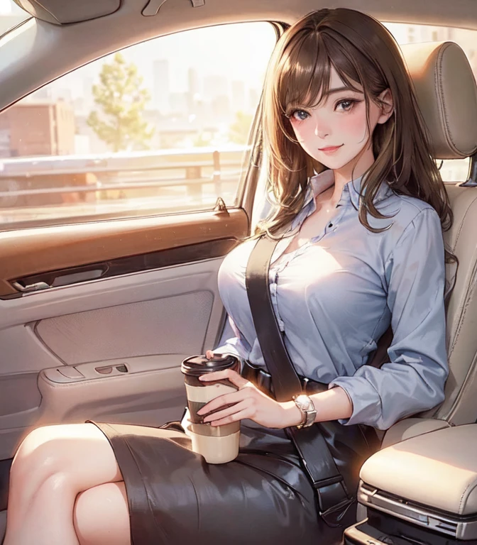 only 1 woman, (sitting on passenger seat), (crossed legs), (Stylish outfit), mature woman, /(blonde hair/) bang, blush, kind smile, (masterpiece, Best quality:1.2) gentle illustration, ultra detali, big breasts BREAK (machine indoors:1.2) passenger seat (safety belt:1.2), (blur of cityscape rushing past)