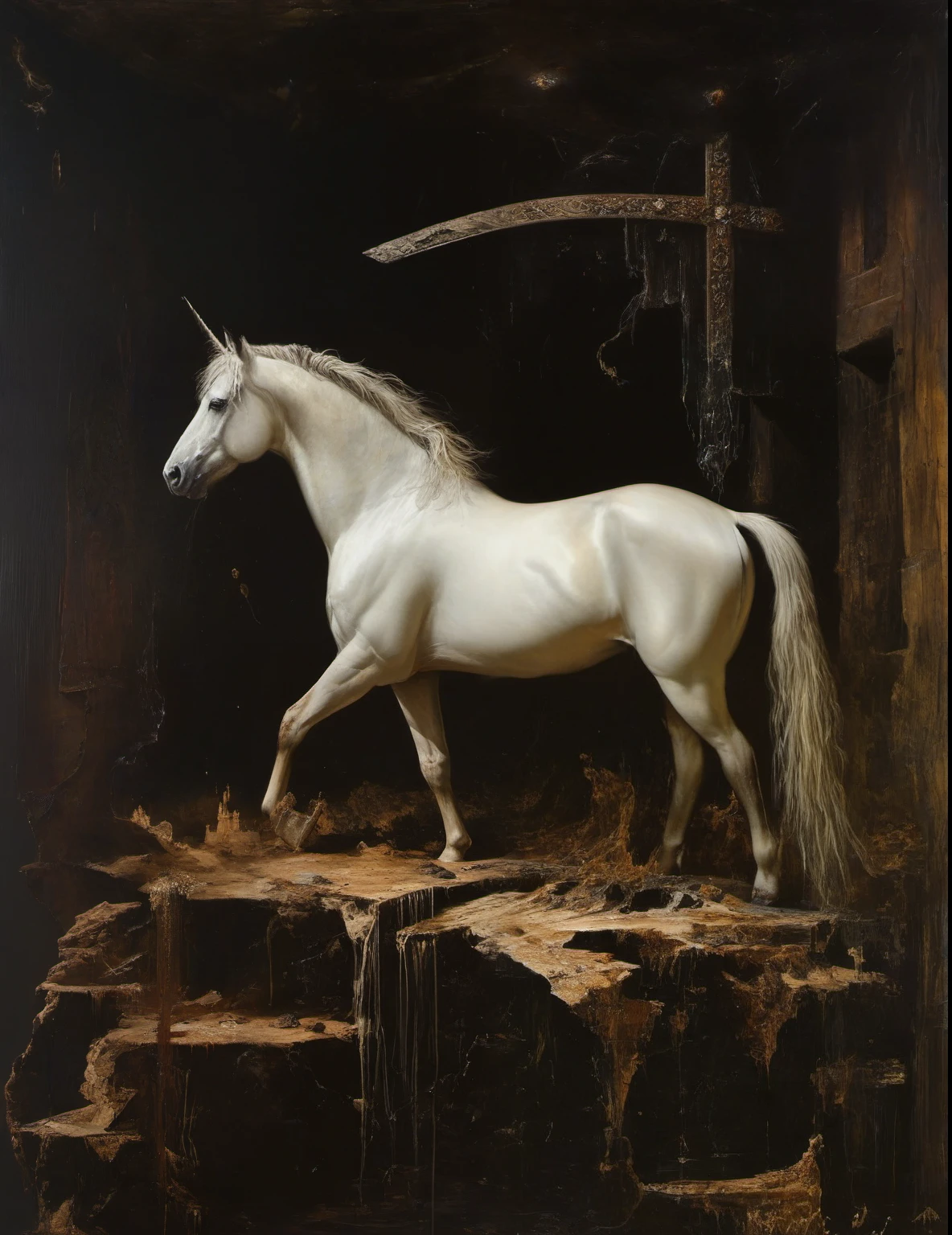 James Gurney, Surrealist art , dream-like, Mysterious, Provocative, symbolic, Complex, detailed,, (Gothic but very beautiful:1.4), (masterpiece, highest quality:1.4) , Nicola Samori Style, unicorn