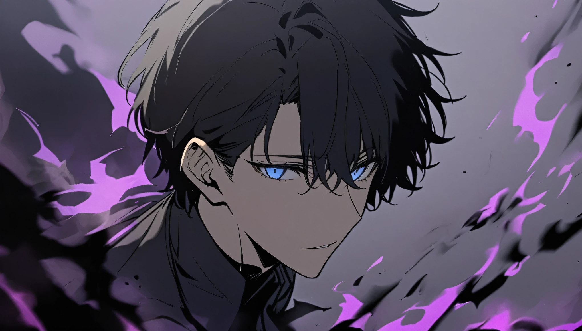 good looking, alone, male, short hair, Black Hair, Blue eyes, Grey Shirt, Black Pants, A simple black long coat, Purple Flame