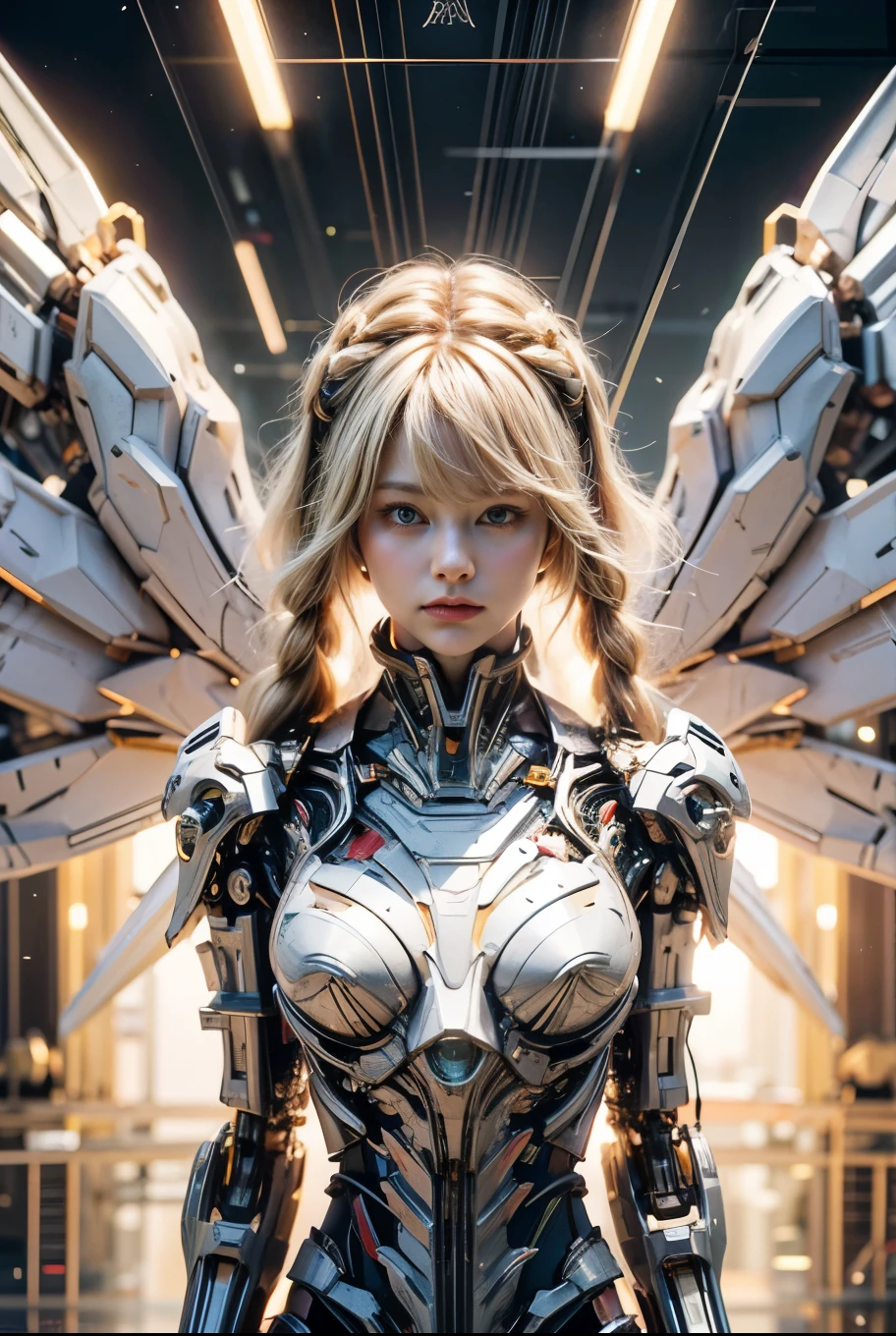 masterpiece, best quality, movie,official art, promotional art, movie wallpaper, extremely detailed CG unity 4k wallpaper, intricate details, white background, full body, concept art, production art, (Mechanical components:1.5),(mechanical prosthesis:1.5), mechanical wings, wings, highres, (realistic, photo-realistic:1.2), physically-based rendering, machinery, reflection, realistic, cyberpunk, symmetric front view close up head shot eyes symmetry face very sharp focus realistic award winning matte drawing cinematic lighting
1girl, robot, (illustration:1.1), slim,
fair skin,delicate face, tights,shine, Bodysuit, (blond long hair),green eyes, laboratory,
chip, shine,braid