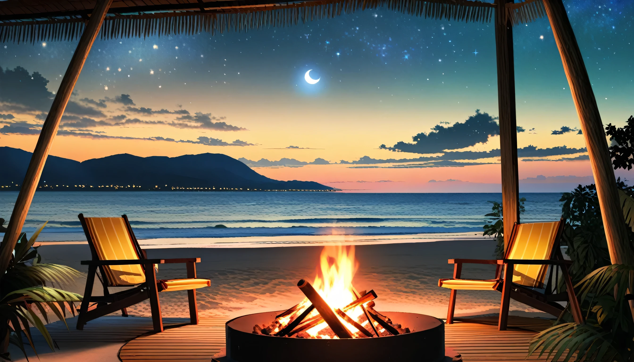 High fidelity Photograph、beach campsite、bonfire、beautiful sandy beach、The crescent moon is beautiful、tent、unburned bonfire、Grill、deck chair、starry、Quiet place、beautful view、lamplight、there was no one。