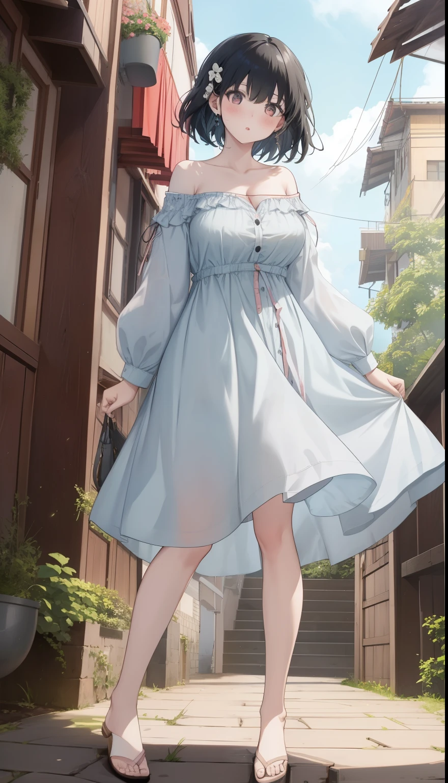 One Girl、positive、Standing posture、Full body portrait、Black Hair、Medium Haircut、blush、Absolute area、No panties、No bra、barefoot、Light blue dress、Off-the-shoulder dress、（Very large breasts）、Cleavage、((Lesbians around the world))、masterpiece、（highest quality）、barefoot、White Sandals、Shirt buttons fly off、Unbutton your shirt、Exposing the breasts、From below、garden、Outdoor