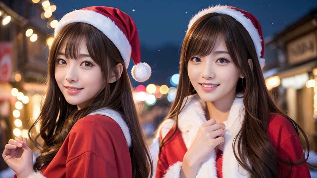 masterpiece、1 beautiful girl、Fine grain、Puffy eyes、highest quality, 超A high resolution, (reality: 1.4), Cinema Lighting、Japanese、Asian Beauty、so beautiful、Beautiful Skin、thin、Body facing forward、(超reality的な)、(High resolution)、(8k)、(Very detailed)、(beautiful Fine grains)、(Very detailed)、 (wall-)、Detailed face、Bright lighting、Professional Lighting、Looking at the audience、Look straight ahead、Santa Claus Costume、Long Hair,  Asymmetrical bangs, 、Night view、Brown Hair、Japanese Idols、Korean Idol、Fiery idol pose、、23 years old、expensive, smile, Nagasaki City、A bustling Christmas night town、Snowy town