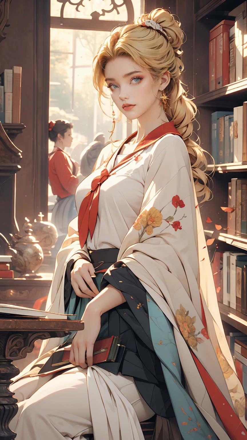 ((masterpiece,highest quality, High resolution)), One girl, alone, Green Eyes, Long blonde hair tied with a blue ribbon, Blunt bangs, Sitting, Arms folded on the table, Sleep arm in arm, , white serafuku, Red sailor collar, Short sleeve, White pleated skirt, (In the library), Dramatic Light, Next to the window, afternoon light through the window, afternoon, Bokeh effect