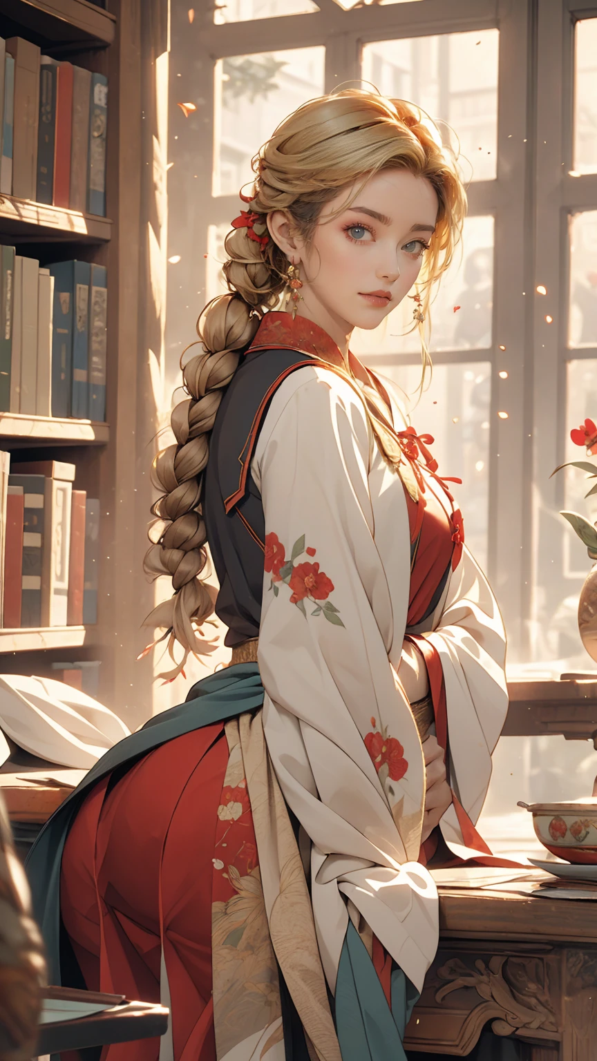 ((masterpiece,highest quality, High resolution)), One girl, alone, Green Eyes, Long blonde hair tied with a blue ribbon, Blunt bangs, Sitting, Arms folded on the table, Sleep arm in arm, , white serafuku, Red sailor collar, Short sleeve, White pleated skirt, (In the library), Dramatic Light, Next to the window, afternoon light through the window, afternoon, Bokeh effect