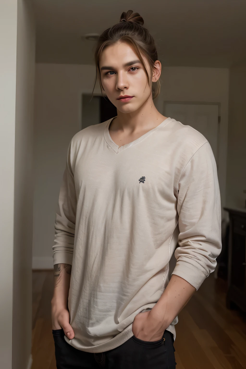 Handsome (((young man)), (((male))), black eyes, manbun hair,pale skin, casual clothes, serious expression,