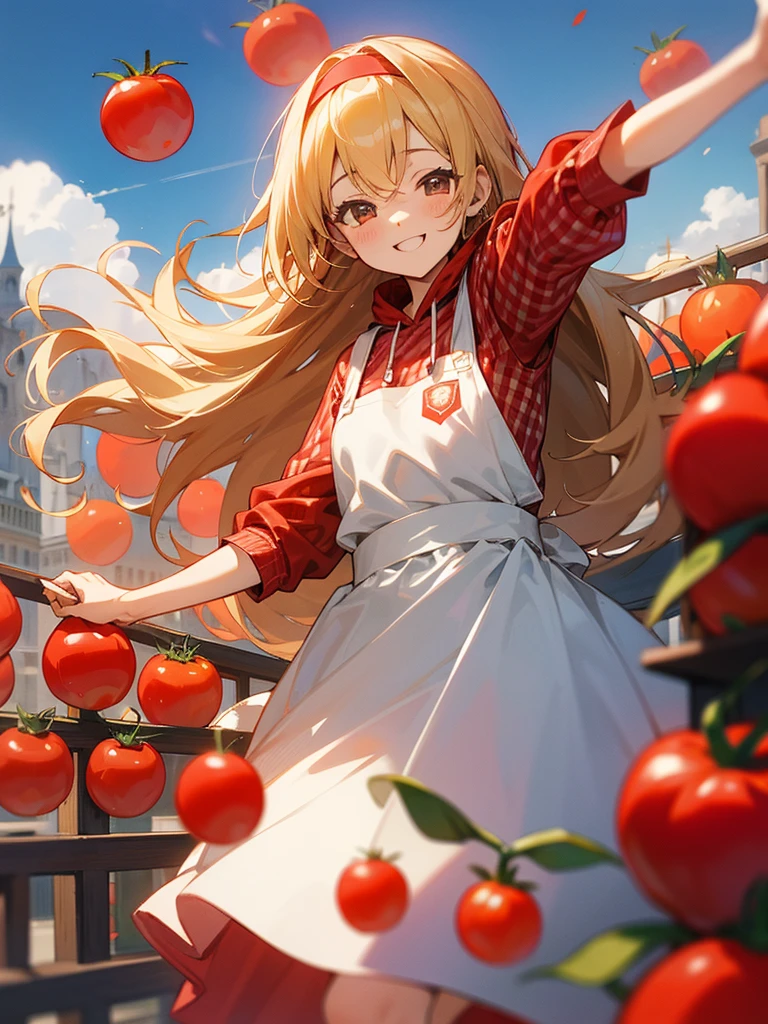 Scenes from the Spanish Tomato Festival、European cityscape、One side red、Flying tomatoes、Smiling person throwing tomatoes々、tomato juice、1Girl、Red gingham check apron dress、tomato juiceで汚れている、Smiling and throwing tomatoes、Blonde、hair band、Long Hair、hoodie、Girl、I have a lot of tomatoes、lots of tomatoes、　