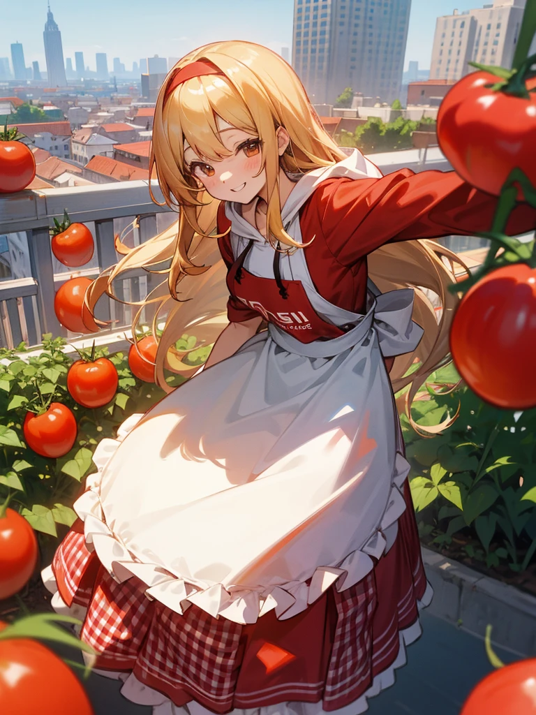 Scenes from the Spanish Tomato Festival、European cityscape、One side red、Flying tomatoes、Smiling person throwing tomatoes々、tomato juice、1Girl、Red gingham check apron dress、tomato juiceで汚れている、Smiling and throwing tomatoes、Blonde、hair band、Long Hair、hoodie、Girl、I have a lot of tomatoes、lots of tomatoes、