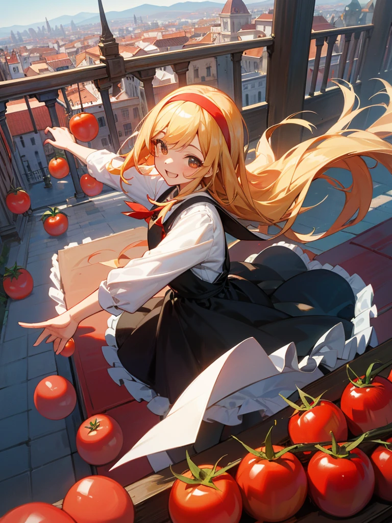 Scenes from the Spanish Tomato Festival、European cityscape、One side red、Flying tomatoes、Smiling person throwing tomatoes々、tomato juice、1Girl、Red gingham check apron dress、tomato juiceで汚れている、Smiling and throwing tomatoes、Blonde、hair band、Long Hair、hoodie、Girl、I have a lot of tomatoes、lots of tomatoes、