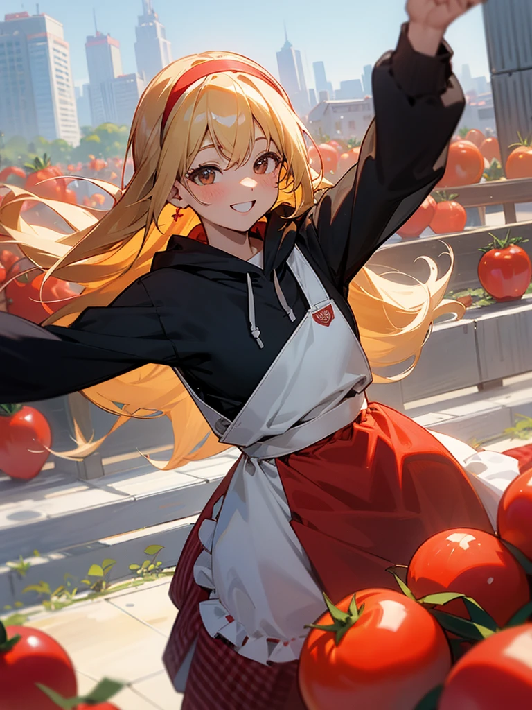 Scenes from the Spanish Tomato Festival、European cityscape、One side red、Flying tomatoes、Smiling person throwing tomatoes々、tomato juice、1Girl、Red gingham check apron dress、tomato juiceで汚れている、Smiling and throwing tomatoes、Blonde、hair band、Long Hair、hoodie、Girl、I have a lot of tomatoes、lots of tomatoes、