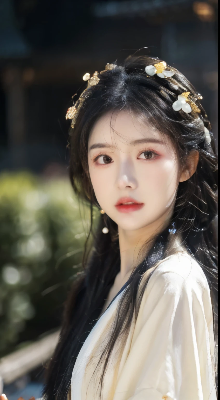 、(top quality,masterpiece:1.3,Ultra-high resolution,),(Super detailed,Caustic lines),(Reality:1.4,RAW Shooting,)Ultra-realistic capture,Very detailed,HD 16K，Suitable for human skin、 Natural skin texture、、Skin looks healthy and even-toned、 Use natural light and color,A woman,Kawaii,black hair,Medium Length Hair,(Depth of Field、Chromatic Aberration、、Wide lighting range、Natural shadows、)、(Nighttime outdoor lighting:1.4)、(Snow Scene:1.2)、(Hair blowing in the wind:1.1)(photoPractical, best quality, Ultra-high resolution, Extremely detailed eyes and face:1.3),(1 Girl, Solitary:1.3),On a wooden boat,Black Hair,Practical,long hair,Jewelry,Upper Body,White see-through Hanfu,Vague,earrings,Lips,Chinese clothes,Hair accessories,black eyes,Vague background,looking off to the side,Shut up,