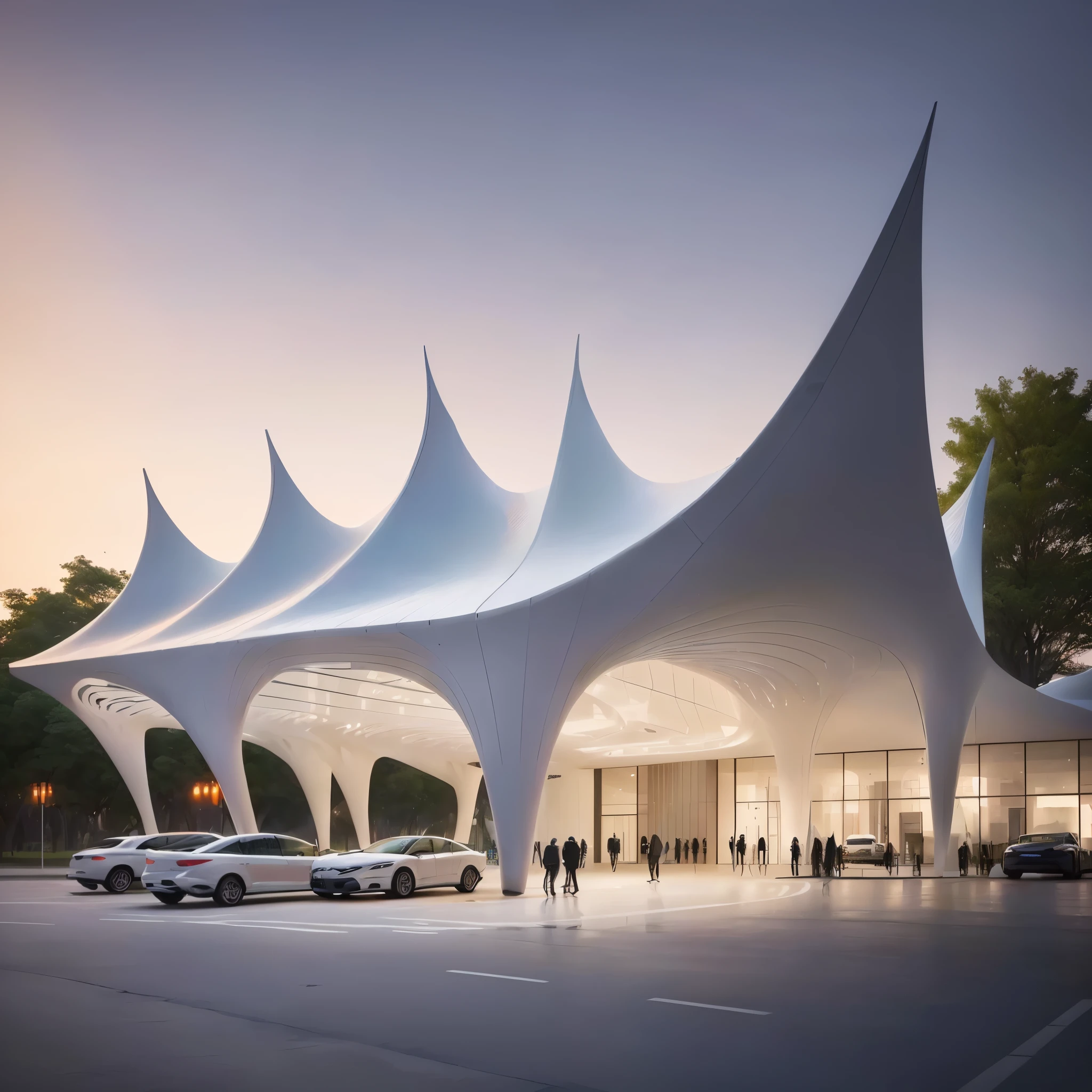 Cars parked in front of large white building with sky background, tent architecture, by Zha Shibiao, pavilion, beautiful design, Zaha Hadid Architecture师的风格, Zaha Hadid style architecture, Photos from 2022, magnificent design, Architectural renderings, Santiago Calatrava, 🦑 design, High-quality architectural art, Zaha Hadid Architecture