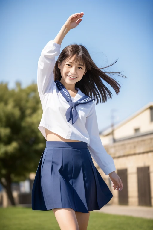 ((highest quality, 8k, masterpiece: 1.3)), Sharp focus: 1.2, 1 girl, , Pretty girl with perfect body shape, cute, shy, ((Straight hair down to the shoulders swaying in the wind)), (White buttoned shirt: 1.1), skirt, Highly detailed face and skin texture,(masterpiece,highest quality,超A high resolution),Japanese women, Very beautiful 17 year old girl, Ubu no Girl、(Perfect limbs、Perfect Anatomy),((Bob Hair)).cuteSailor suit、半袖Sailor suit、ネイビーブルーのskirt、pure white、Beautiful Skin、Watery eyes、Sparkling brown hair、The colors and landscapes of youth、Feeling of love、huge 、恥ずかしそうなsmile、go to school、morning, (run and jump)、Schoolyard、Cheerfully、smile、skip、Teenage Girlpanese Realistic 10 generations Background Blur、Sailor suit、blue sky
