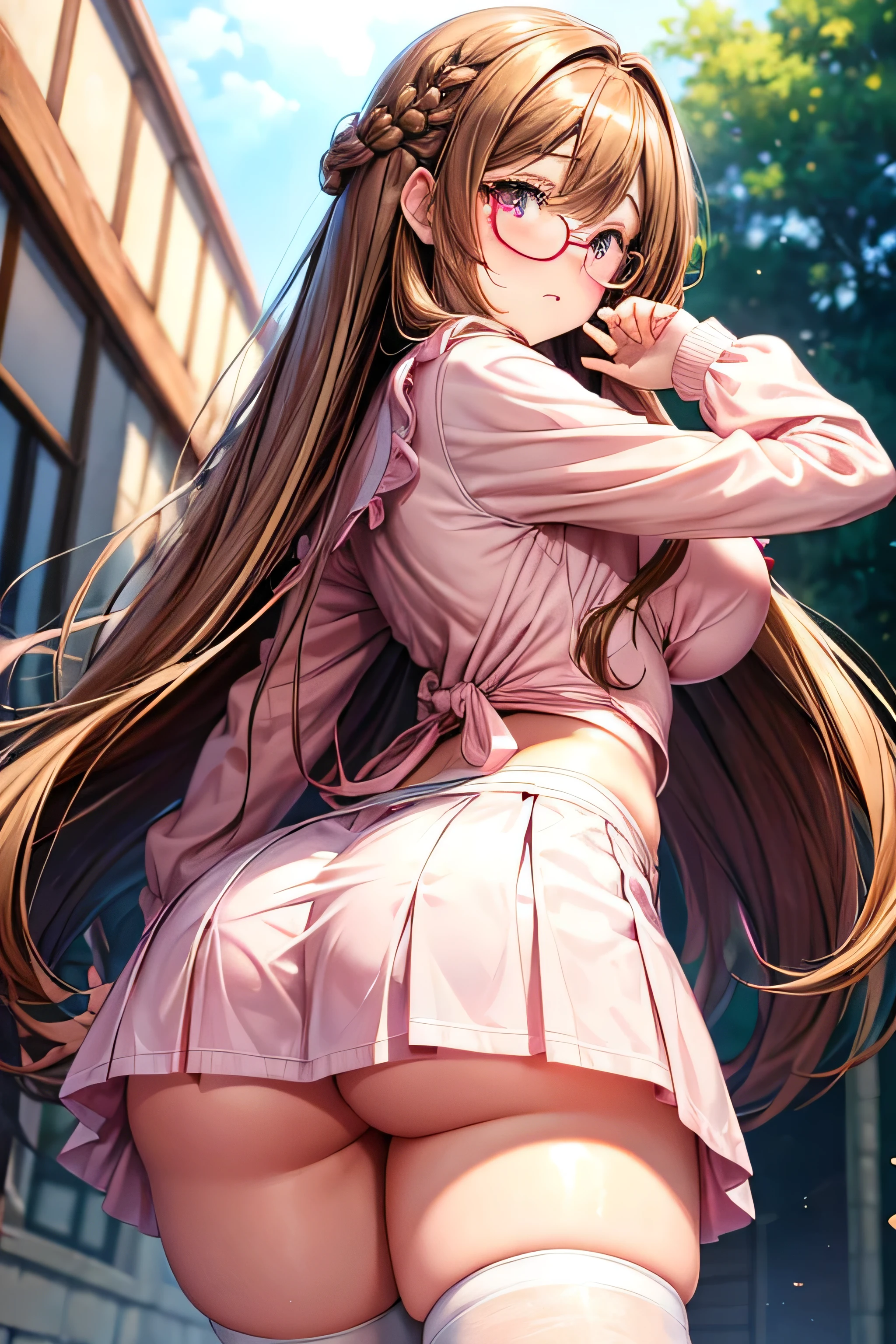 High resolution, high quality, One girl, Anime Girls,Brown long hair, Brown eyes, Pink Glasses,heart shaped pupils,Sunburned skin, Large Breasts,beautiful breasts,pointy breasts,(Big Ass),beautiful ass,Embarrassed,Pink Cardigan,White Dirndl Skirt,White knee socks,Upper Body,standing,at park,
