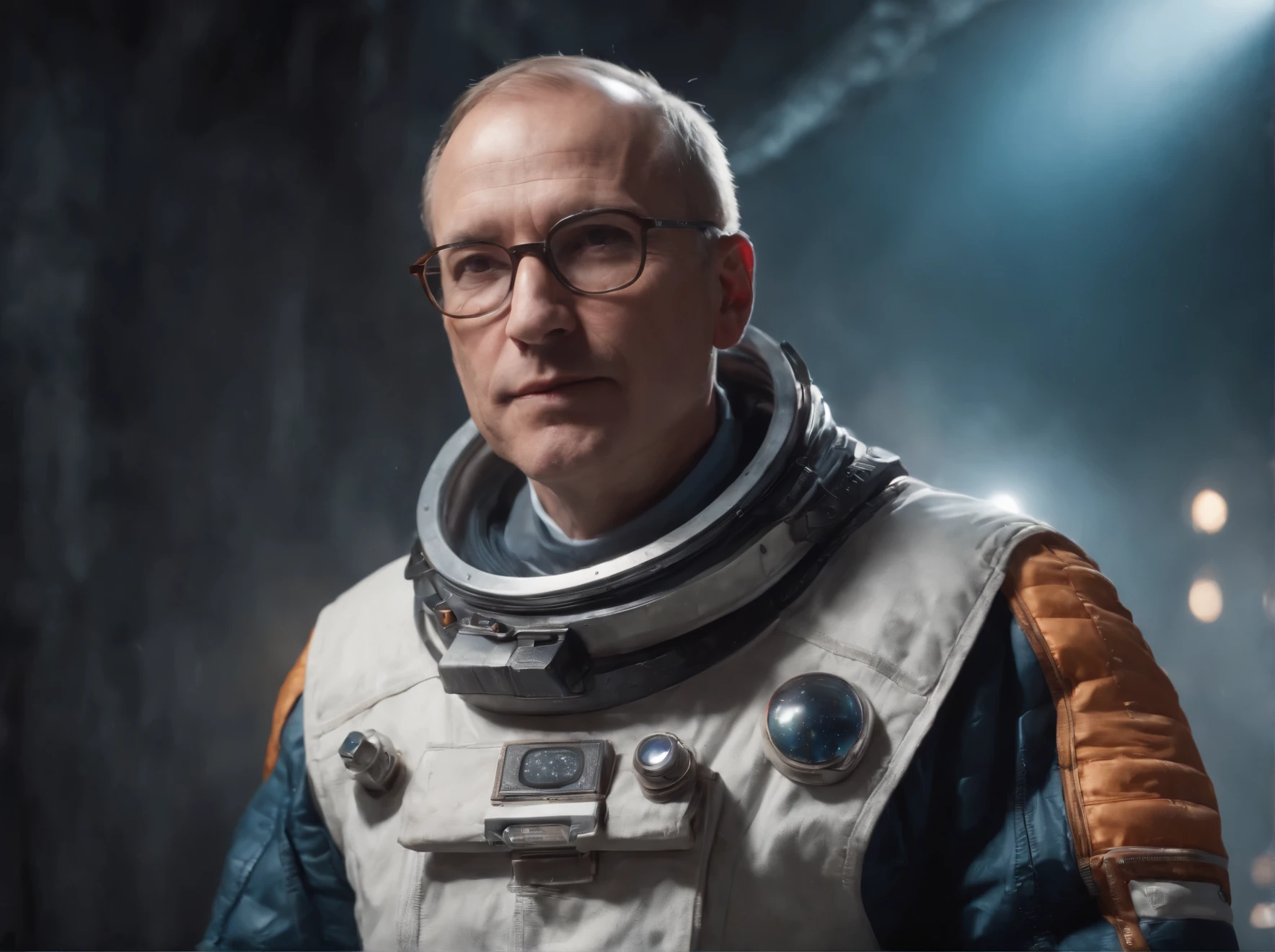 "A fantastic portrait photograph of a 50-year-old man with a slight smile, light, very short hair, glasses, dressed in a fantastic costume of a cosmonaut of the future, in a mysterious, fantastic environment with glowing crystals and unearthly lighting, taken from a low angle in the fantastic style of Selve Sundsbe."