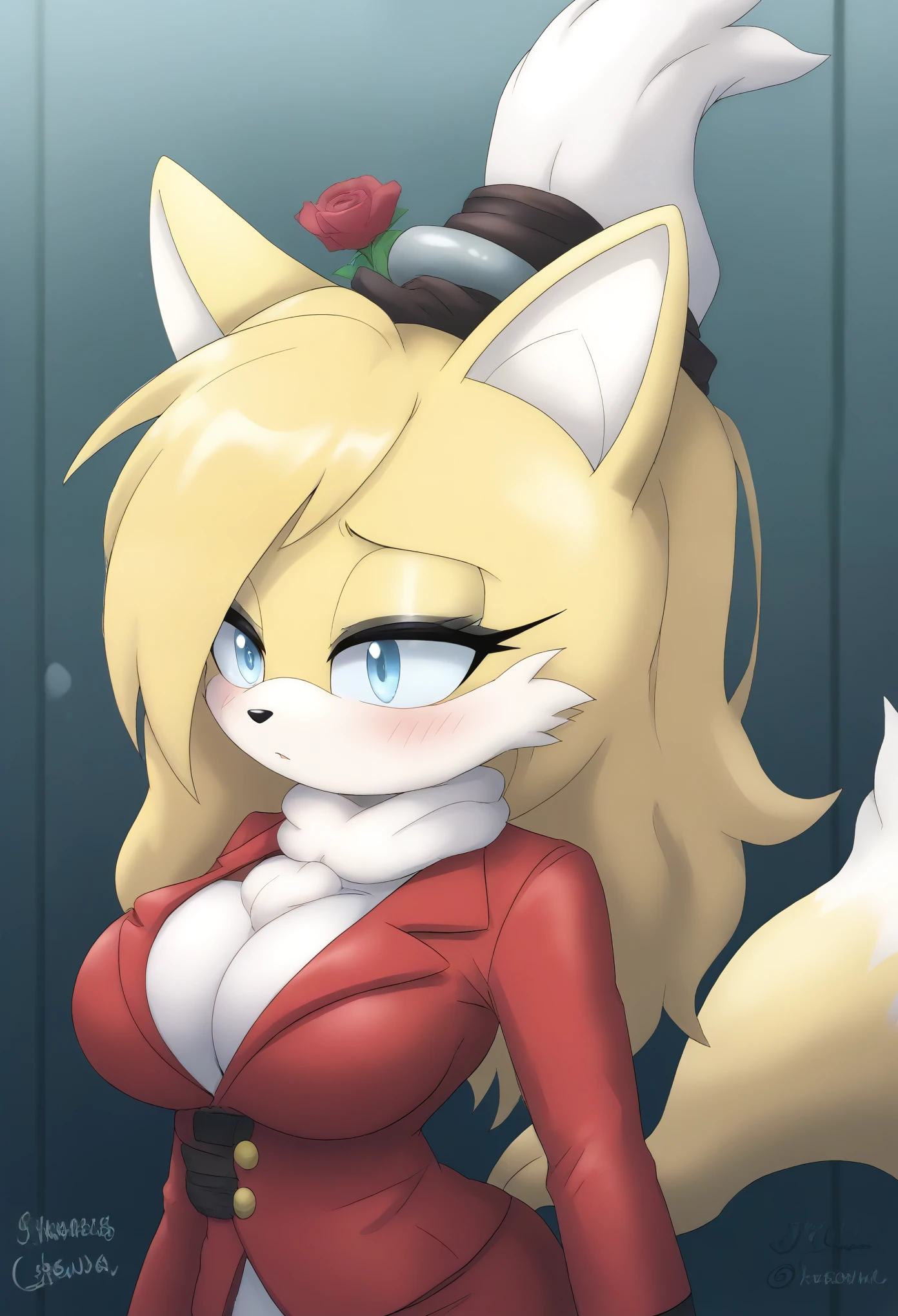 (Female Fox), ((Tails the Fox)), Tails the Fox but female, hair down, long hair, half body, large breasts, eyelashes, confused, laboratory, mobian, mobius city, ((solo)), ((1girl)), Female Tails, (((light yellow fur))), (((long light yellow hair))), makeup, light blue eyes, (looking at herself), puzzled expression, blush, (hair bangs), large hair bangs, looking at her own chest, ((long sleeved rose red blazer)), ((white cravat)), cut off body
