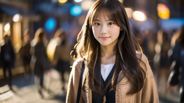 in the evening, The light is on, Street, transportation, crowd, A girl with long hair is walking alone