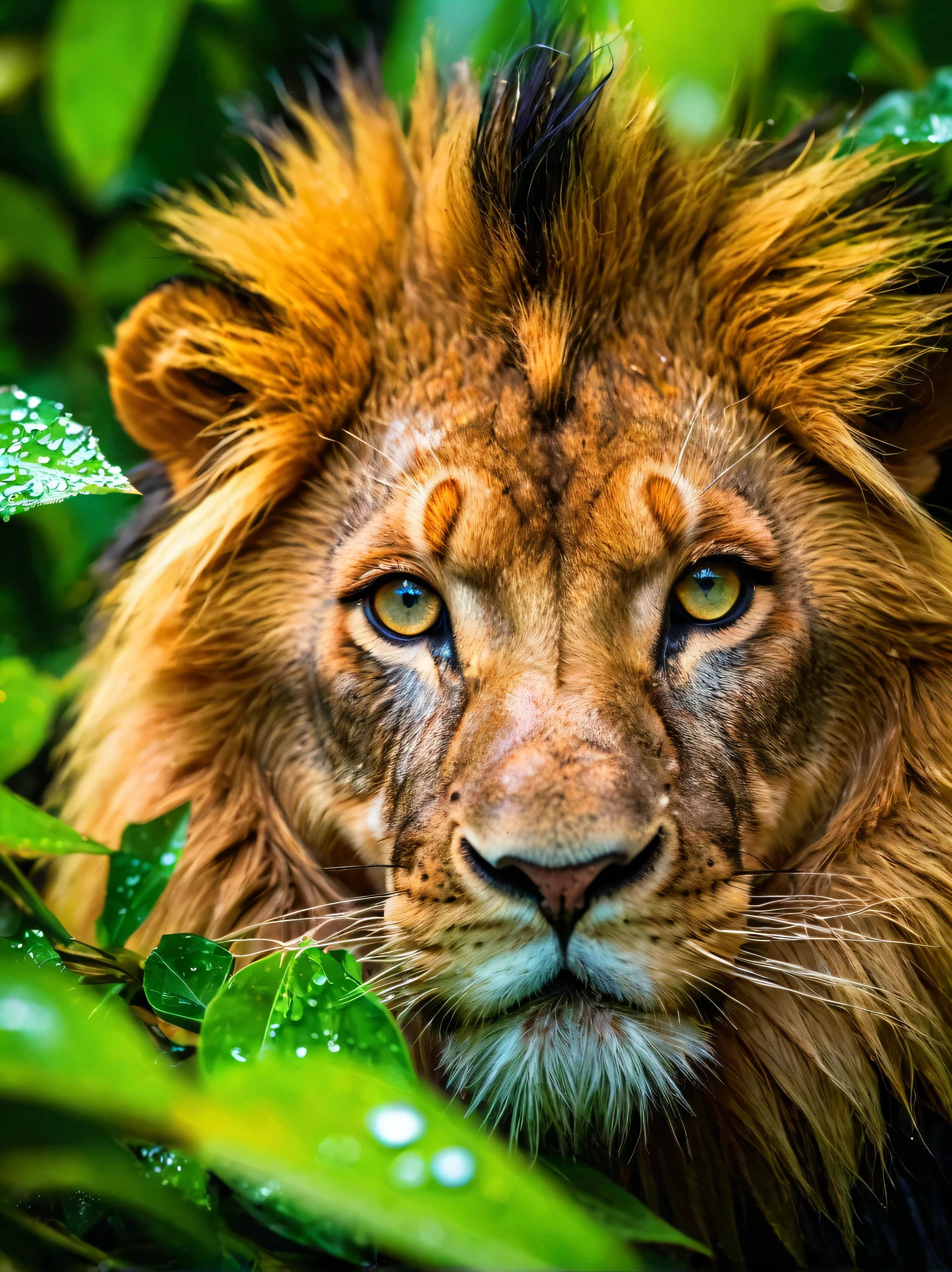 lion, hiding in the leaves, black dragon, shiny scales, ((rain)), zazie rainyday, beautiful eyes, macro shot, colorful details, natural lighting, amazing composition, subsurface scattering, velus hairs, amazing textures, filmic, soft light