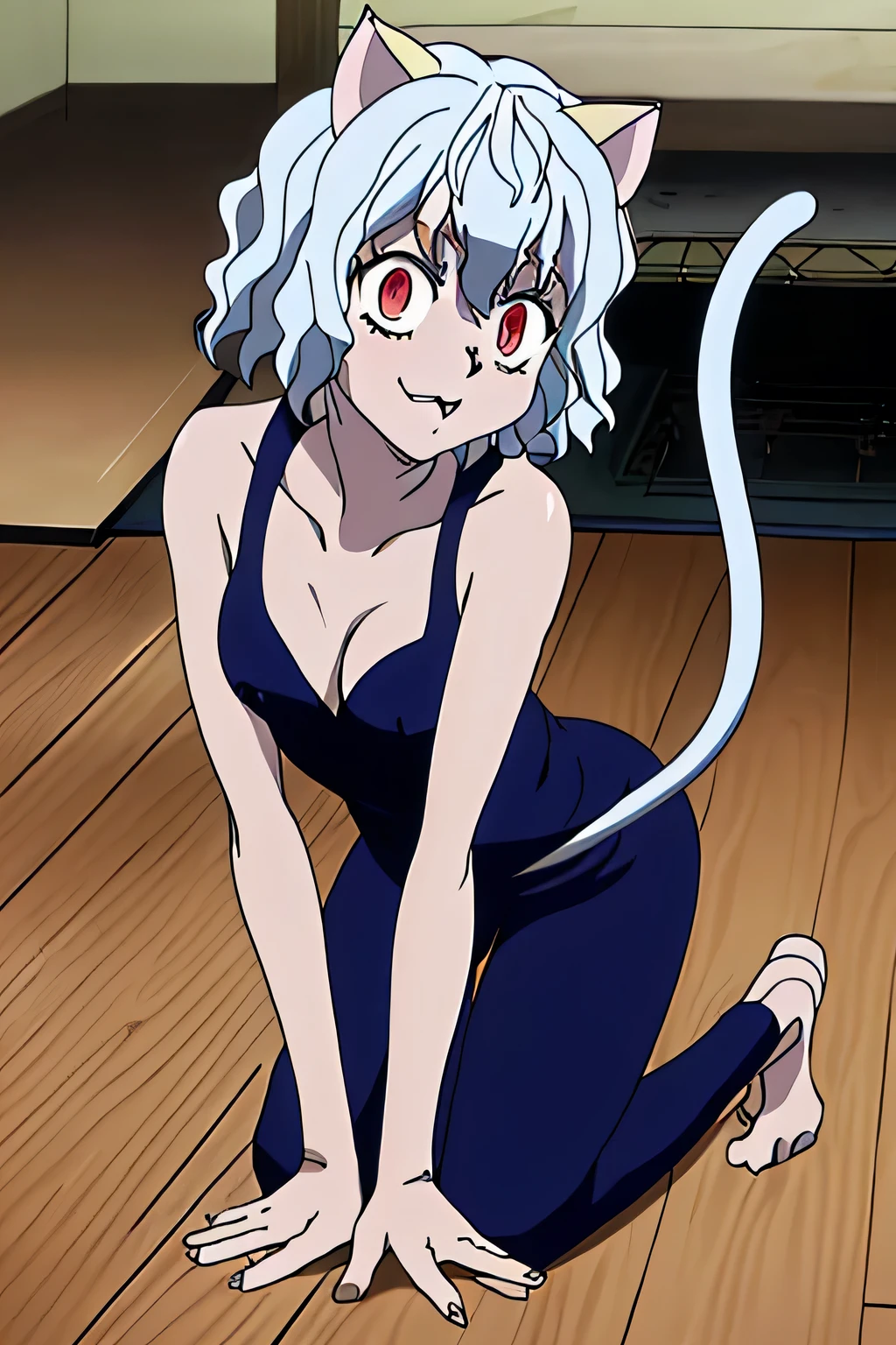 score_9, score_8_superior, score_7_superior, sauce_anime,
Neferpitou, Neferpitou, short hair, Red eyes, Animal ears, tail, Gray Hair, Cat ear, cat tail, Curly Hair, smile, Shorts, shout, Open your mouth,Bed superior、Inside the room、indoor、On all fours
、View Viewer, Dutch Angle, Cowboy Shot,1 person、Cat's claw、Troubled face、nsfw、Cleavage