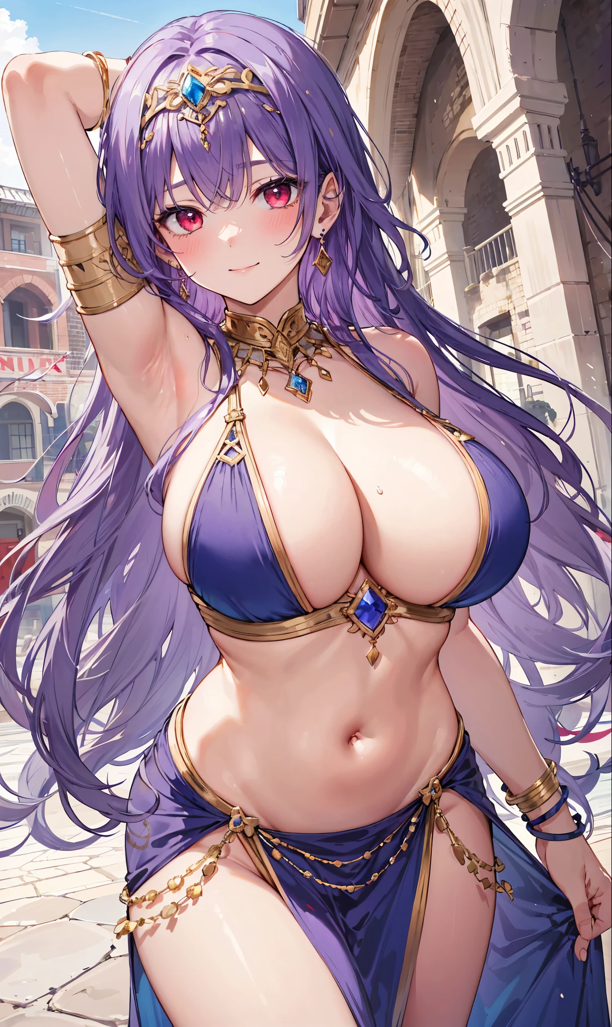 high quality, ultra detailed, best quality, insanely detailed, beautiful, masterpiece, 1girl, medieval plaza, cowboy shot, red eyes, long hair, purple hair, belly dancer, circlet, earrings, armlets, bracelets, bashful smile, large breasts, cleavage, soft stomach