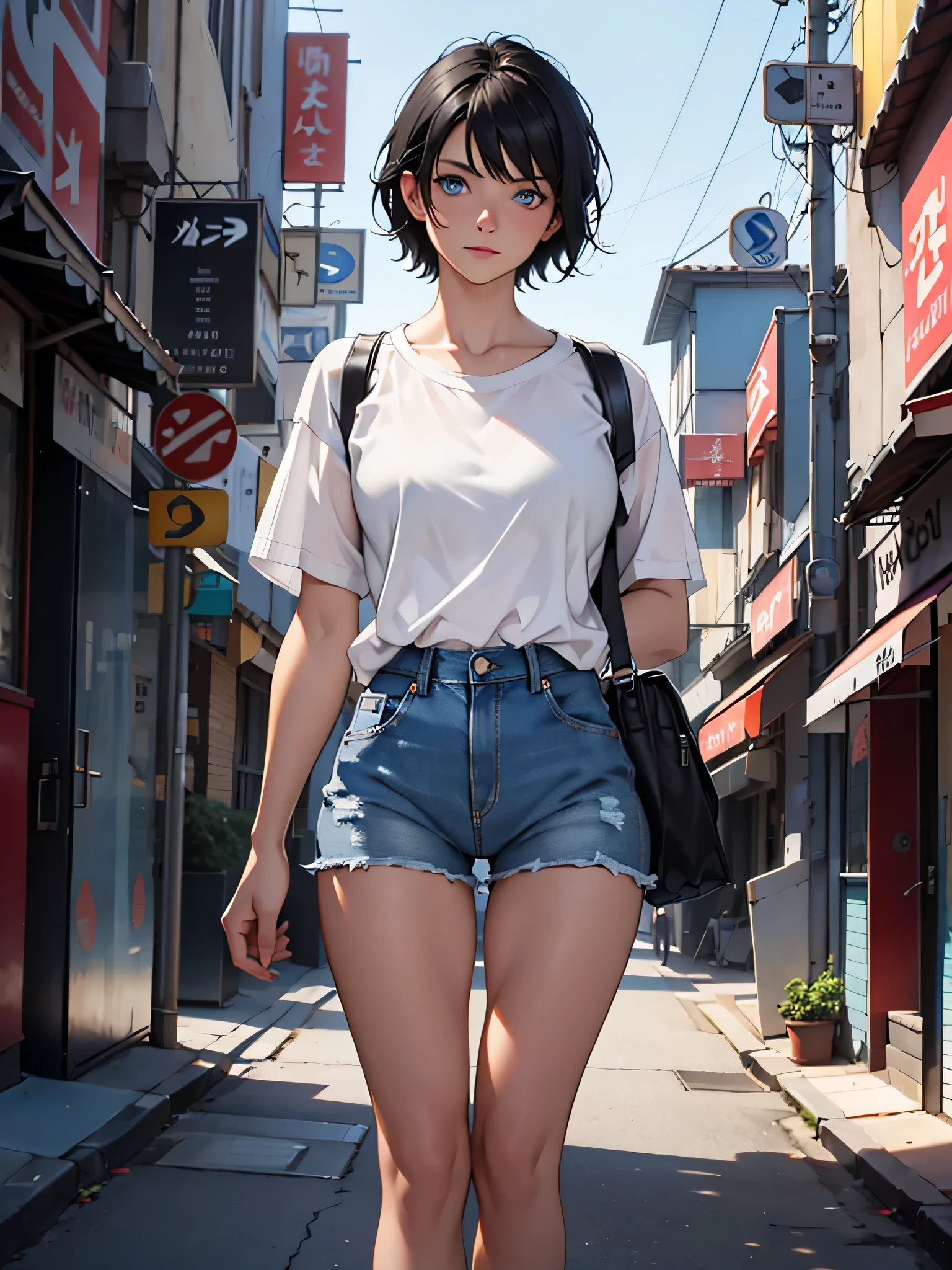 1girl, short black hair, blue eyes, wearing plain white shirt, denim shorts, city, absurdres, high res, ultrasharp, 8K, masterpiece, looking at viewer