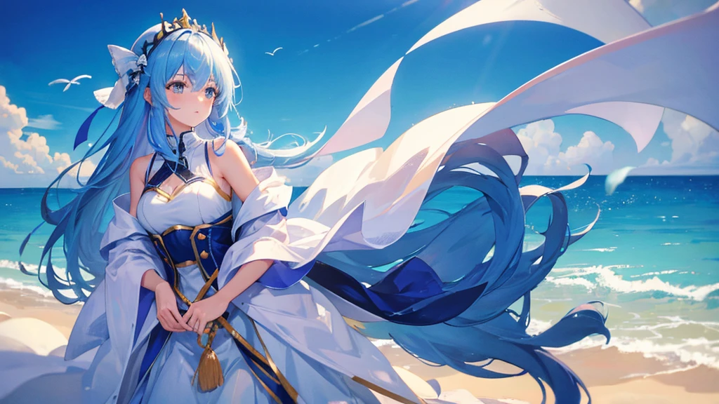 girl with blue long hair, white ribbon on her head, blue mermaid royal clothes, sea, sky, 8k resolution, cool girl, fish