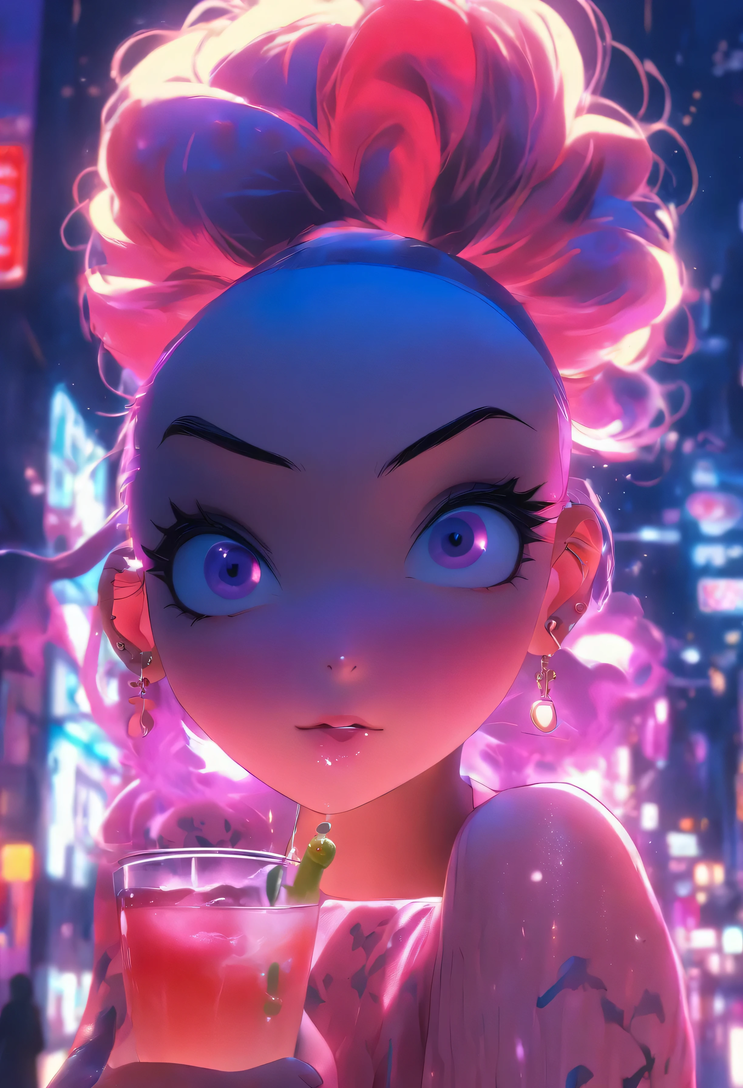 1girl、anime in Japan、(Master Parts, highest quality, Super detailedな:1.3), Perfect composition, 4K, (Very detailed, Super detailed), Soft lighting, original, High resolution, 8k Texture, Extreme Detail, High-definition skin texture, Magnificent details, High sharpness, 1 love, (Fine grain:1.3), (18-year-old girl:1.3), (thin), (Big breasted), small, On the street, In public, Night Street, Nightlight, Neon Light, anime,A landmine-type anime-style girl who likes alcohol、Off the shoulder、Gothic attire、hair is twin tail、Pink or purple mesh on the tip of the hair、Big eyes and a slightly sad look、(((Holding a cocktail glass in one hand)))、Pink liquor in a glass、high resolution、Cinematic subtlety、Pink splashes and drops、Delicate depiction、Masterpiece、Cinematic subtlety、Pink splashes and drops、Delicate depiction、Masterpiece、cinematic light and shadow、Her hair and eyes glow pink.、Bright as a real light、The overall image is pink and sparkly、Very beautiful and pretty、超high resolution