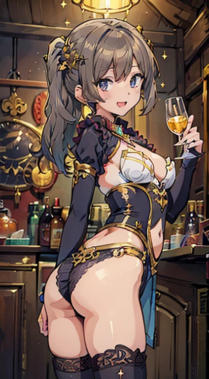 (fantasy:1.5),(8k,masterpiece, top quality, best quality,beautiful and aesthetic:1.2,professional illustrasion:1.1,ultra detail:1.3,perfect lighting),extremely detailed,highest detailed,incredibly absurdres , highres, ultra detailed,intricate:1.6,(Alchemy Workshop:1.4),A girl mixing,Medicine in many small bottles,holding small potion,colorful:1.4,zentangle,(a girl 26yo old),(cute girl),pointed chest:1.3,(double breasted:1.2,under bust:1.2), Amazing Cleavage:1.1, thin waist, medium ass, Raised sexy, (small breast: 1.4) posed cleavage:1.2,(female alchemy fashon:1.3),(highly detailed beautiful face and eyes,firm breasts),oily skin,((bronde hair, long pony tail hair)),thin pubic hair,cute,lovely,beautifuk alchemist costume,smile,in the Alchemy Workshop,smile,seductive weak smiling,(with sparkling eyes and a contagious smile),open mouth, Looking at Viewer,