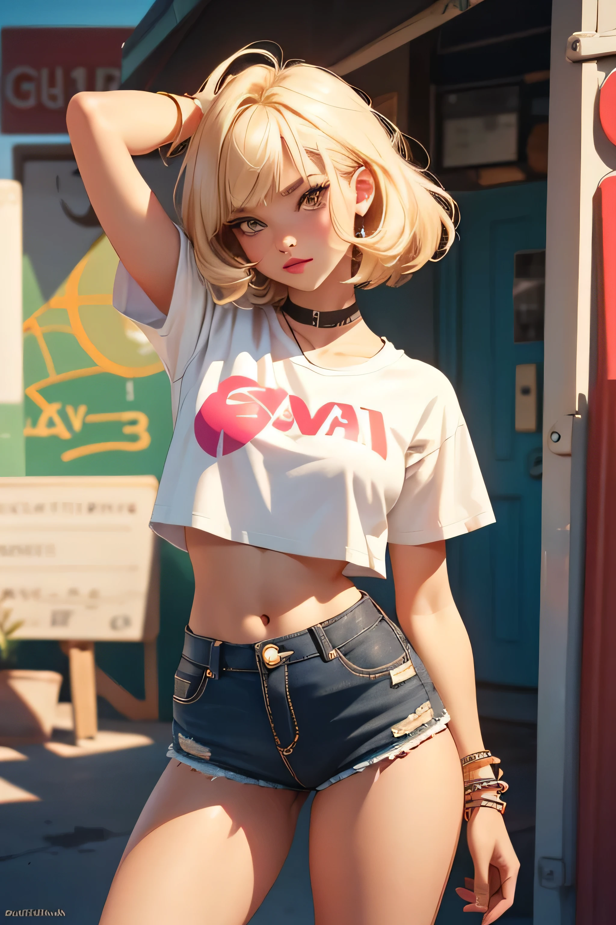 Teenage girl-model 18 years old, beautiful, blonde, bob hair, bangs, brown eyes, beautiful figure, girl wearing crop shirt and too short mini shorts, beautiful long legs, slave bracelets, slave choker, manicure, cute makeup, flirtatiously posing, hot summer, hot flirty, sexy posing, summer outfit, top quality, higest quality, pin-up style, retro 80s style, Daisy Dukes style, slave girl, Miami vibes,
