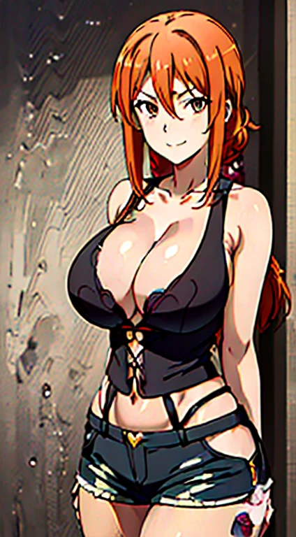 masterpiece,best quality,Super detailed,The best shadow,By Hihama, Hair between the eyes, Orange Hair, long hair,Straight Hair,Let your hair down, girl１Name,(((Huge breasts、Breast sagging、Low-cut，Cleavage，Wide hips,))((Hourglass figure)),１With people,
Soft表情, eyebrow_Soft, Smile , t-shirt,shorts,fashionable pose, Fashion angle,Looking at the audience, In the center of the image,(beautiful_Large Breasts:1.2), (beautiful_Face:1.3),(Slim_waist),(beautiful_thigh:1.4),