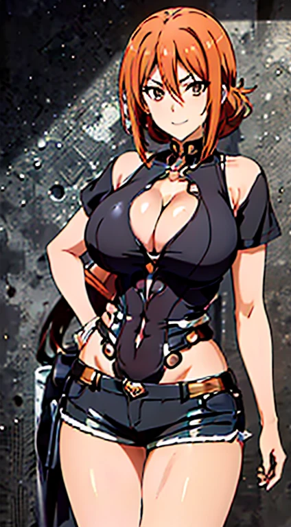 masterpiece,best quality,Super detailed,The best shadow,By Hihama, Hair between the eyes, Orange Hair, long hair,Straight Hair,Let your hair down, girl1Name,(((Huge breasts、Breast sagging、Low-cut,Cleavage,Wide hips,))((Hourglass figure)),1With people,
Soft表情, eyebrow_Soft, Smile , t-shirt,shorts,fashionable pose, Fashion angle,Looking at the audience, In the center of the image,(beautiful_Large Breasts:1.2), (beautiful_Face:1.3),(Slim_waist),(beautiful_thigh:1.4),