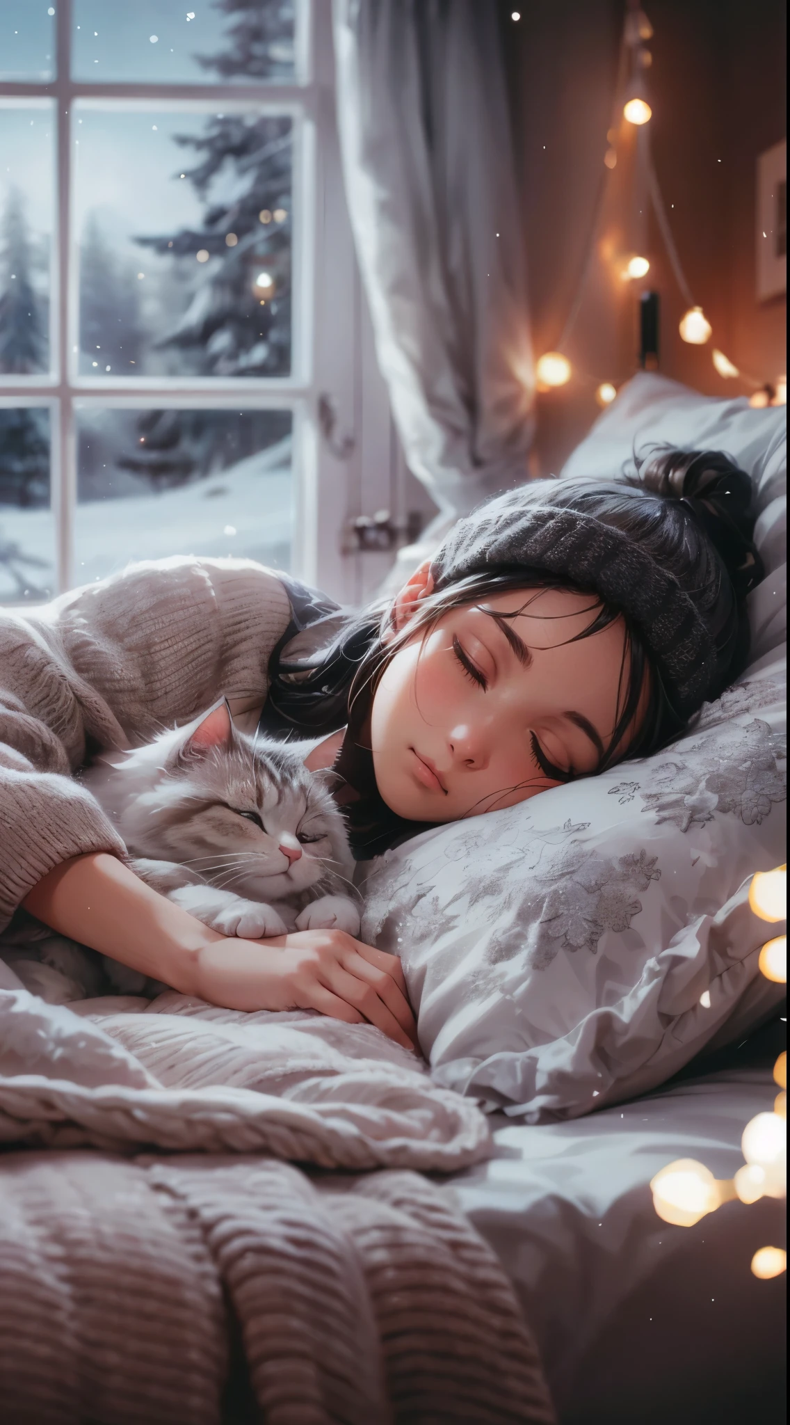 A heartwarming, photorealistic illustration. A young, anime-styled woman is sleeping peacefully on her cozy bed, snuggled up with her adorable, fluffy cat. The room is adorned with soft, warm lighting and fairy lights, creating a serene and comfortable atmosphere. Outside the window, the moon and stars are scattered across the sky. The overall feeling of the scene is cozy, tender, and soothing.