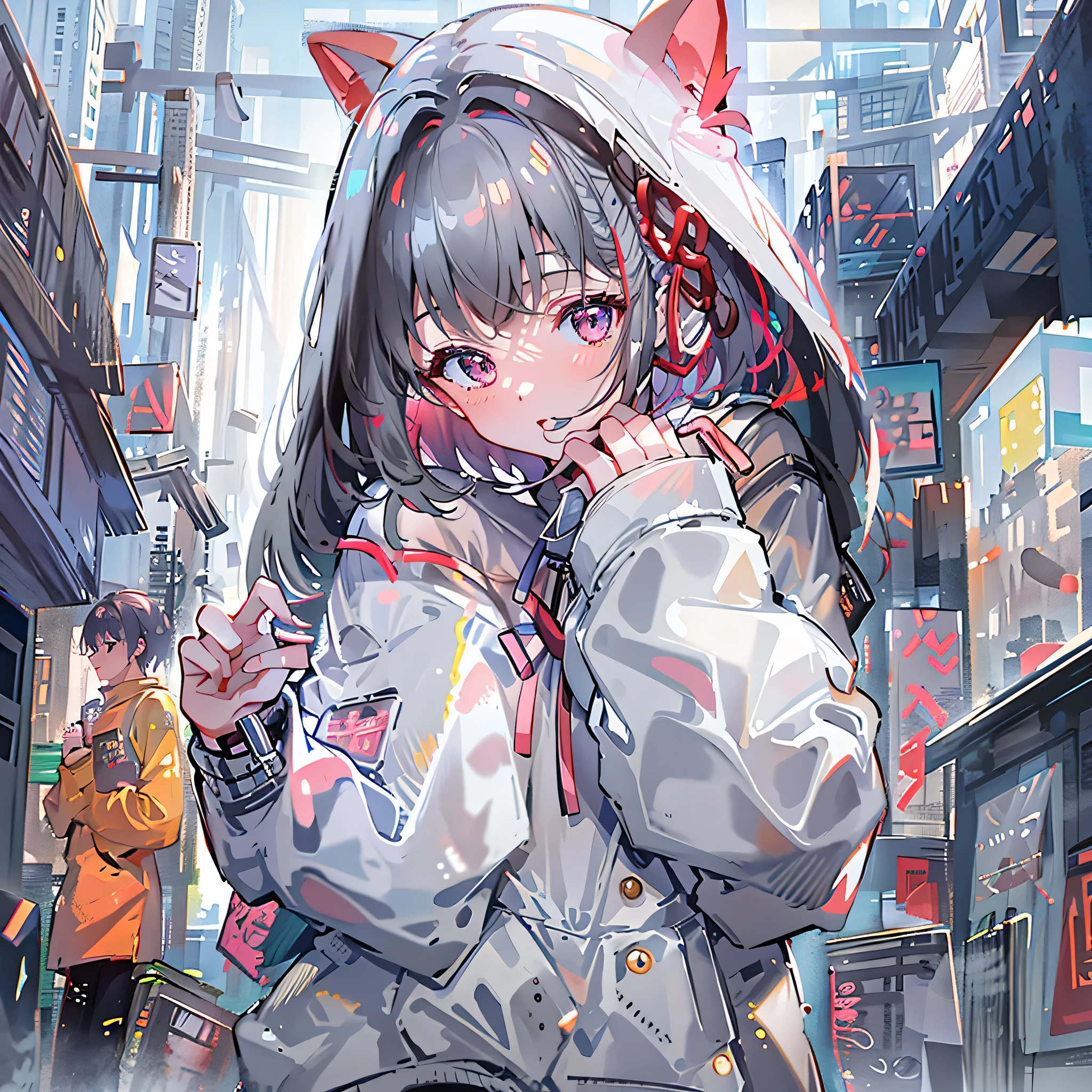 8K resolution、((top-quality))、((masterwork))、((ultra-detailliert))、1 woman、solo、incredibly absurdness、Oversized Hoodies、white earphone、street、plein air、Sateen、neons、Shortcut Hair、Brightly colored eyes、Hands in pockets、shortpants、really cute 