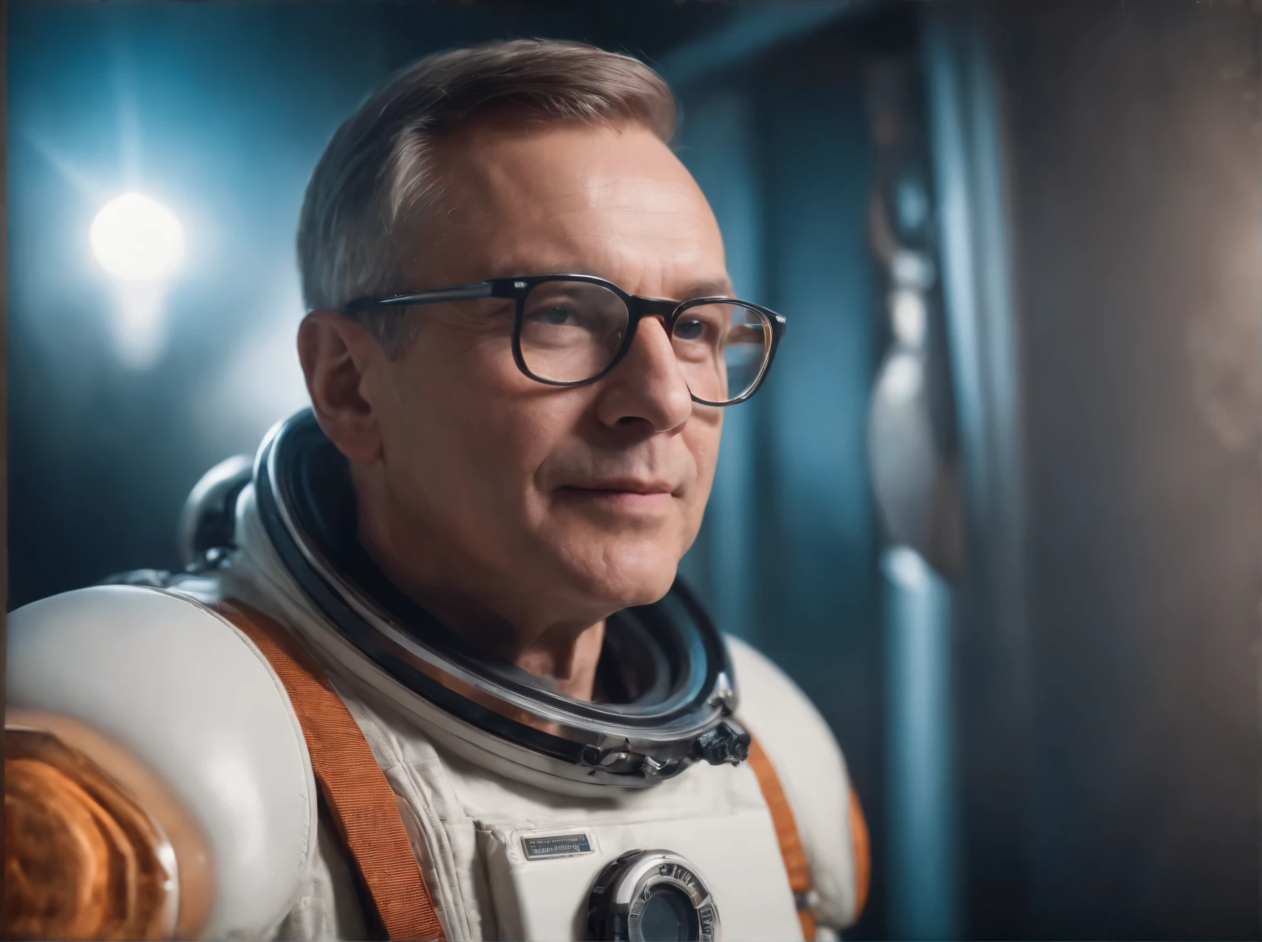"A fantastic portrait photograph of a 50-year-old man with a slight smile, light, very short hair, glasses, dressed in a fantastic costume of a cosmonaut of the future, in a mysterious, fantastic environment with glowing crystals and unearthly lighting, taken from a low angle in the fantastic style of Selve Sundsbe."