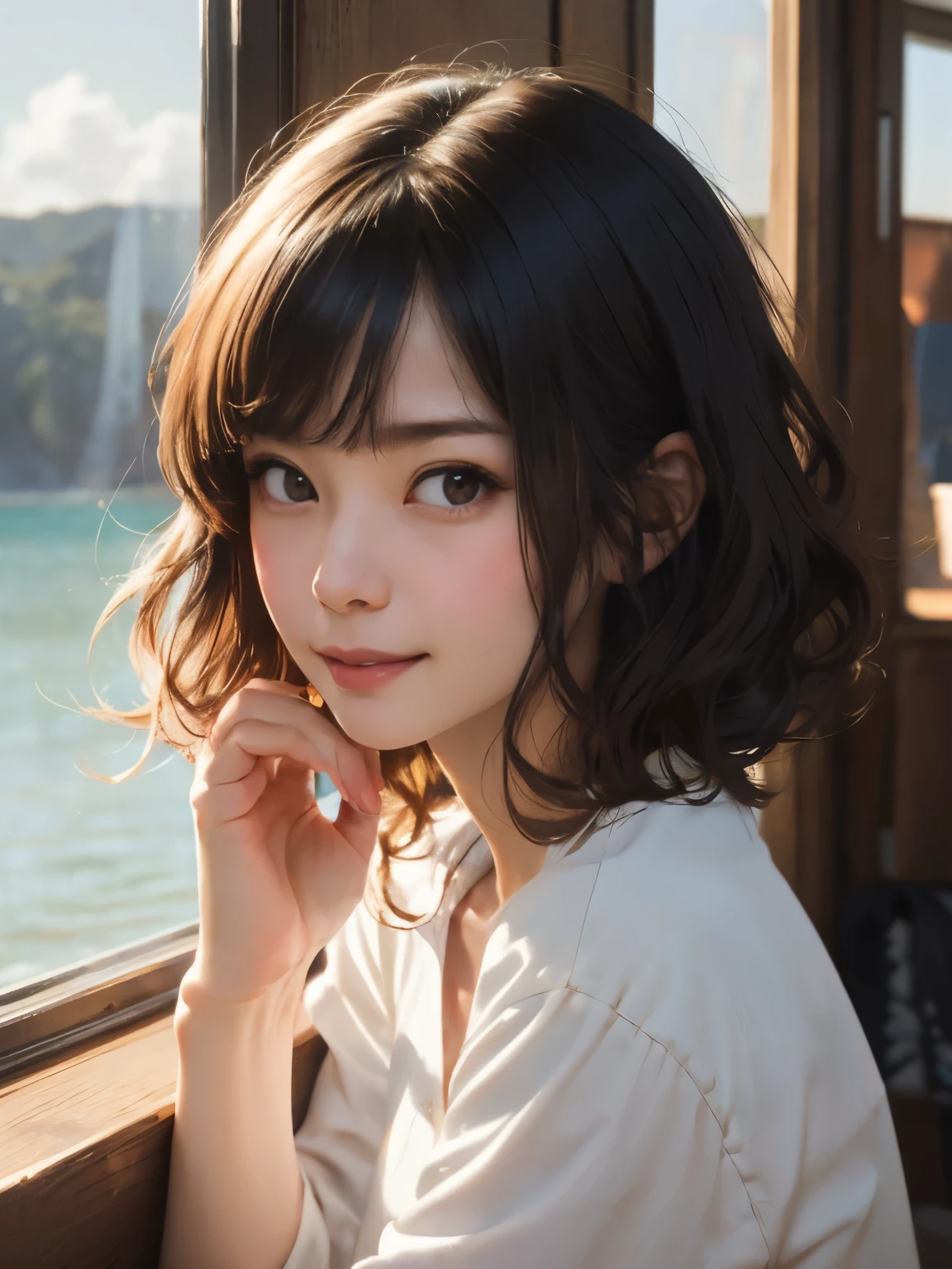 1 girl、highest quality、Realistic、alone、Written boundary depth、Natural soft light、Daytime、charm、Beautiful Face、Cleanliness、Pure Face、White skin、cute、short hair、prohibit、Beach、Light of the sun、Nedium Breast Body Esbian、((セーターを着たBeautiful Faceの黄金比 対称性のあるBeautiful Face))、Long neck、Listen carefully、prohibitのあるきれいな短いボブヘア、Laugh with your mouth closed、Perfect hands指、Perfect hands、Perfect body、Perfect Face、Shine a light into your eyes、Perfect Anatomy:1.4、とてもcuteスーパーモデル:1.4、{Huge|big|Hugeな|Mega} chest:2, chestの谷間:2、transparent、transparent性、Grossoisture、Shine、Cool feeling、Beautiful gradation blue sky:2