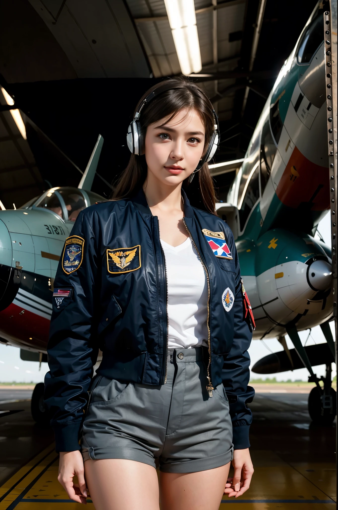 Best quality, ((insanely Realistic RAW photo)), professional photograph, intricate composition, an extremely delicate and beautiful, ultra high res, professional natural lighting and shading, ((Realistic image of a extremely pretty female Aircraft mechanic, solo)), Inside a spacious Aircraft hangar, Vintage airplanes of the World War II era line the background, (Wearing a MA-1 Flight Jacket), (Wearing a headset), (wearing short pants), faint smile, She does aircraft maintenance, very professional mechanic, ((extremely beautifully detailed eyes and face)), ((insanely beautiful natural skin texture)), (Accurate eyes), Accurate hands, Well-balanced overall body