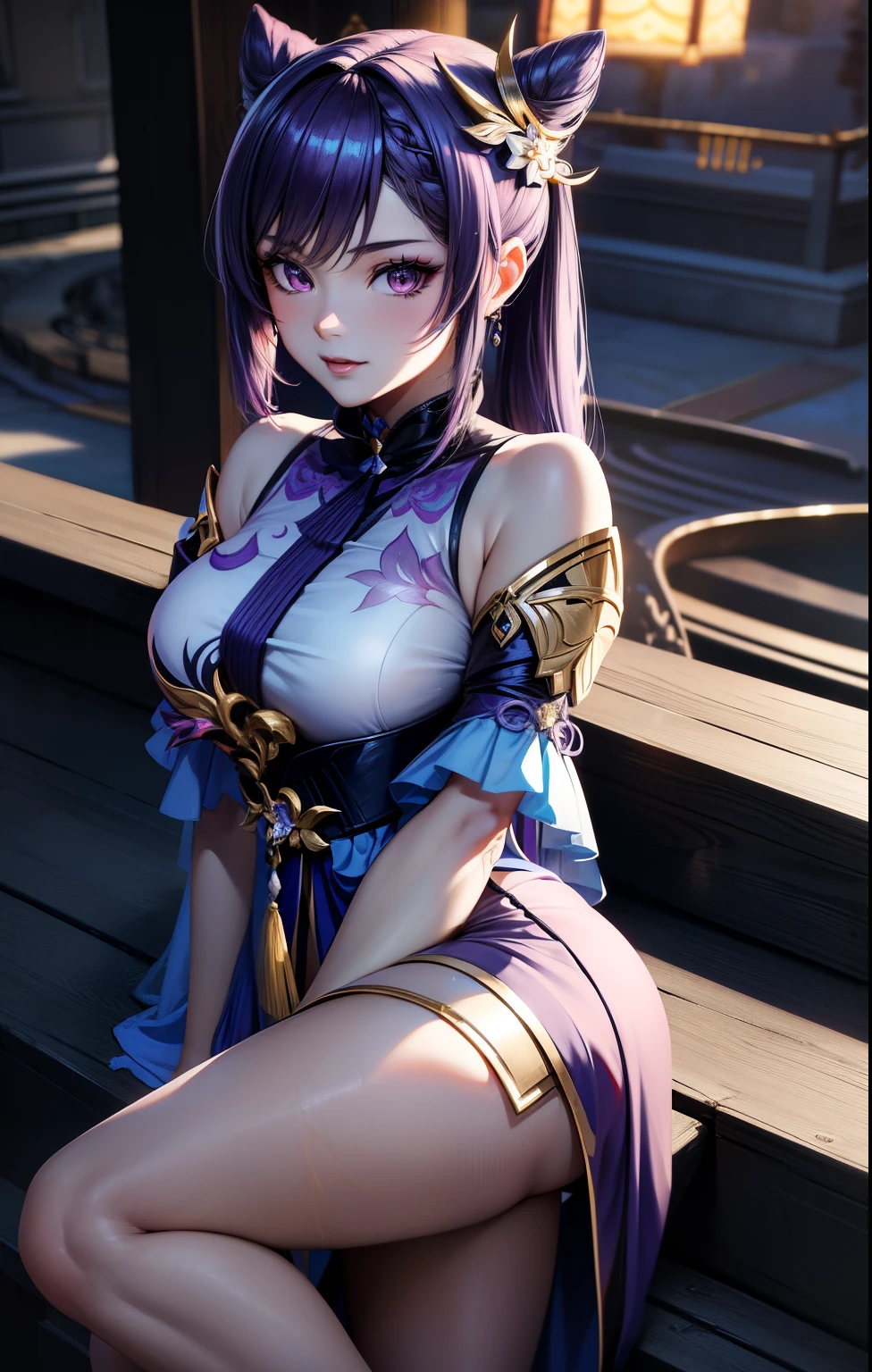 Keqing, genshin impact, anime girl with purple eyes and purple hair looking at the camera with a beautiful and attractive smile, colorful lens reflections, glitter gif, light through glass, breathtaking rendering, extreme close-up, cg anime art, attractive anime girl, beautiful anime girl, kantai collection style, seductive beautiful anime woman,  detailed digital anime art, beautiful anime woman, beautiful anime girl, | Fine detail anime, (Anime Girl), best quality, masterpiece, ultra-detailed, beautiful, highres, original, absurd, ultra realistic 8K CG, perfect artwork, (((perfect female figure)), mature female, narrow waist, chinese deity looking at viewer, seductive posture, sexy pose, seductive, clean, beautiful face, pure face, skin, hyper realistic, ultra detailed, detailed eyes, lush body, dramatic lighting,  dynamic pose, (realistic) realistic, (masterpiece:1.3), (absurdists:1.3), (best quality:1.3), HD, FULL HD, bright lights, best quality, best quality, beautiful lighting, outdoor, (8k extremely detailed CG unit wallpaper), high details, sharp focus, dramatic and photorealistic midjourney painting art, photorealistic, perfect ass, perfect hands