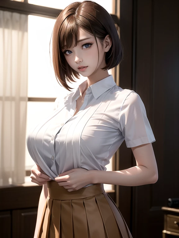 28-year-old Japanese woman,(非常にdetailedな肌)(Beautiful female body)(美しいBig Breasts)(Big Breasts)(Pale skin)(Pointed Chest),(Erect nipples)(Best image quality)(Hyperrealist portrait),(8k),(Ultra-realistic,最high quality, high quality, High resolution)(high quality texture)(Attention to detail)(Beautiful details)(detailed,Extremely detailed CG,detailed Texture)(Realistic facial expressions,masterpiece,in front,dynamic,bold),(((short pixie cut))),(Very thin hair)(Super Straight Hair:1.5)( sleek bangs,Very light coppery amber hair,Hair in one eye)　(((White shirt)))　(((Pleated skirt)))(((She&#39;s not wearing panties under her skirt)))　(((sit astride a high-backed chair)))　(((Sit with your chest against the backrest)))　(((Rear View)))　(((Photo from behind)))　(((彼女はAccentuate your buttために背中を反らせている)))　(((The lines of the body are clearly visible)))、(((Depiction of beautiful fingers)))　(((Beautiful body depiction)))　(((Sit with your legs apart)))、(((Accentuate your thighs)))(((I can see your thighs)))(((Accentuate your butt)))、(((Full body photo)))、(((Low angle photo)))、(((Correct ankle orientation)))(((The correct number of legs)))　(((Accurate Body Composition)))　(((正確な後ろからのFull body photo)))