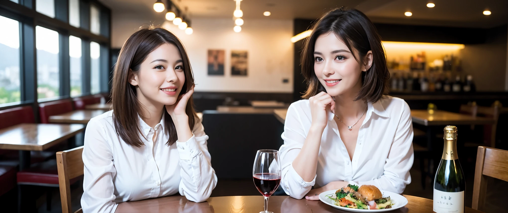 ((highest quality、8k、masterpiece:1.3))、1 male1 female、sake,cutegirl,wineparty、spouse、Couple、Slim body、((Bob Hale、Straight hair:1.2)), (Realistic, Intricate details:1.2), Wine glass on the table、Shine light on your face、 Amazing view of the sunset sky and clouds、Amazing mountain views、A bright smile、The wonderfulness of smile、Bright image、The beauty of wine, Beautiful Face, blue eyes, The light shines on your face, Blushing, short hair,Bright Face、 (Age 37), 32years old, red wine 、Appetizers、Italian food、Wine bottle、Champagne、sparkling wine、Two beauties、Brown Hair、Shortcuts、Long sleeve shirt、dress、Pretty Woman 1, (Slim face), (The body is slim), (Brown Hair), (Shortcuts), cheeks turn a little red,Attractive beauty、restaurant, In a prominent place (From the waist up) Nova Frog Style, actress, model, Upper Body, White wine, slim, wine glass, Wine glass placed in the center, smile, (smile: 1.15), Beautiful fine grain, Depth f/2,saturation, High Contrast, Strong light and shadow,Moist Body:1.5、3D texture、Delicate eyes、Brown Hair、The hair is very shiny、