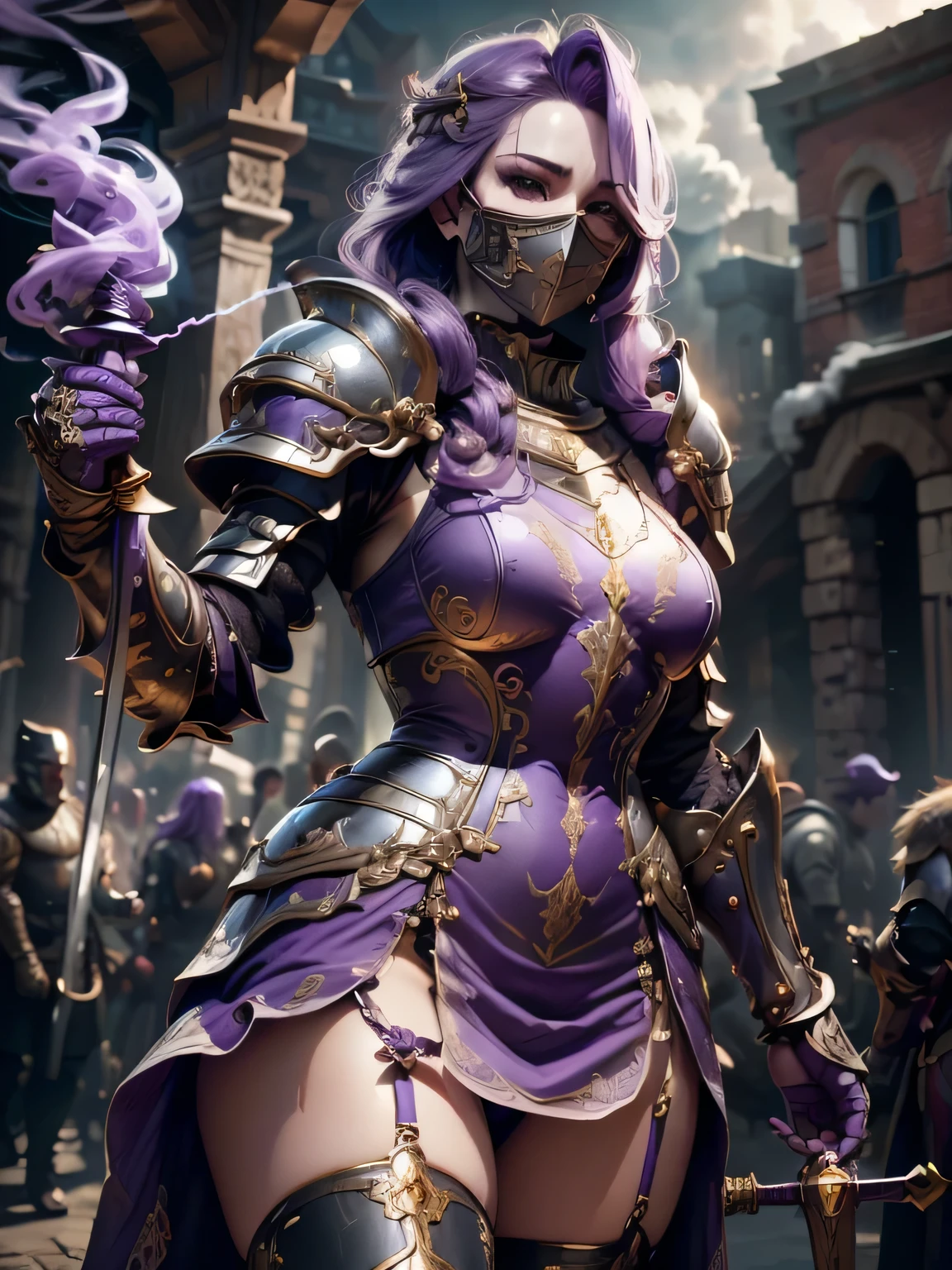 (Masterpiece, Superb Detail, Super Detailed, High Resolution), Male Focus, (((Female Armor))), (((Armor Purple Dress Set))), (((Skull Mask))), (She Has Long Purple Hair, Medium Breasts, Slim, perfect body, beautiful face), look at viewer, (((purple panty))), (((holding smoke sword))), City Ruins, Background Details, Solo