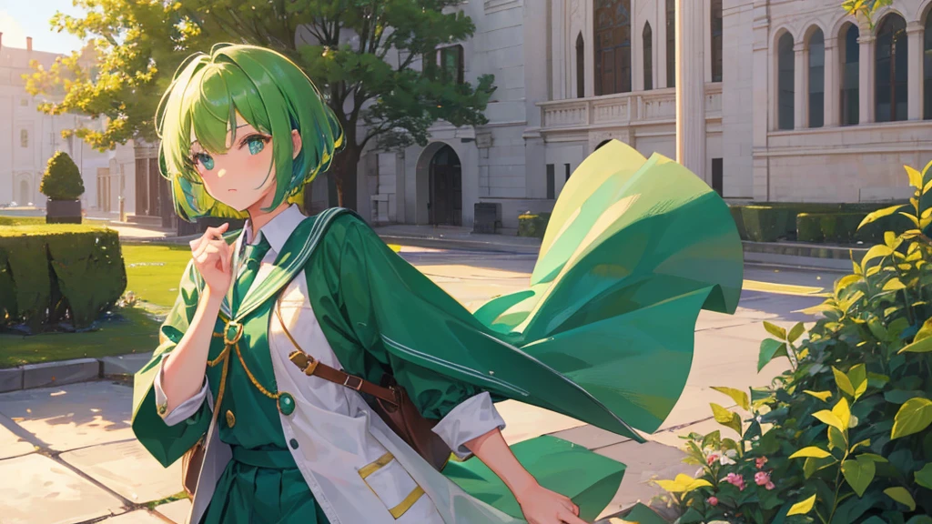 girl with green short hair, school royal clothes, leave, 8k resolution