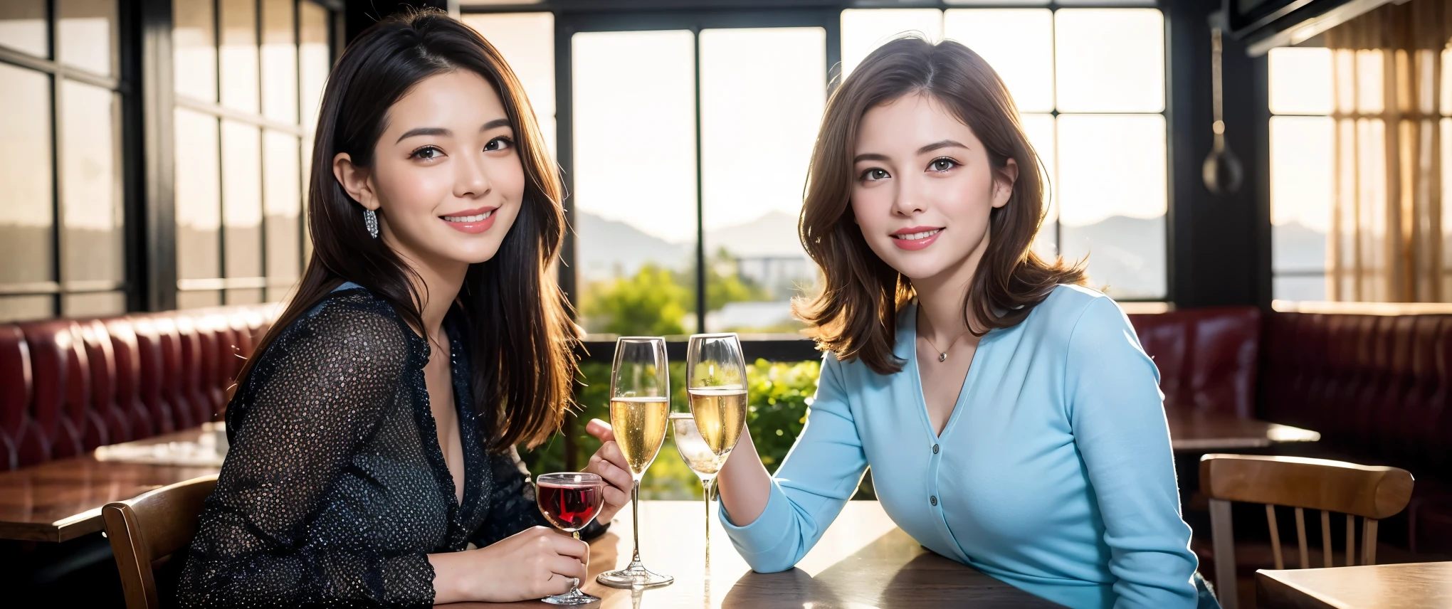 ((highest quality、8k、masterpiece:1.3))、1 male1 female、sake,cutegirl,wineparty、spouse、Couple、Slim body、((Bob Hale、Straight hair:1.2)), (Realistic, Intricate details:1.2), Wine glass on the table、Shine light on your face、 Amazing view of the sunset sky and clouds、Amazing mountain views、A bright smile、The wonderfulness of smile、Bright image、The beauty of wine, Beautiful Face, blue eyes, The light shines on your face, Blushing, short hair,Bright Face、 (Age 37), 32years old, red wine 、Appetizers、Italian food、Wine bottle、Champagne、sparkling wine、Two beauties、Brown Hair、Shortcuts、Long sleeve shirt、dress、Pretty Woman 1, (Slim face), (The body is slim), (Brown Hair), (Shortcuts), cheeks turn a little red,Attractive beauty、restaurant, In a prominent place (From the waist up) Nova Frog Style, actress, model, Upper Body, White wine, slim, wine glass, Wine glass placed in the center, smile, (smile: 1.15), Beautiful fine grain, Depth f/2,saturation, High Contrast, Strong light and shadow,Moist Body:1.5、3D texture、Delicate eyes、Brown Hair、The hair is very shiny、