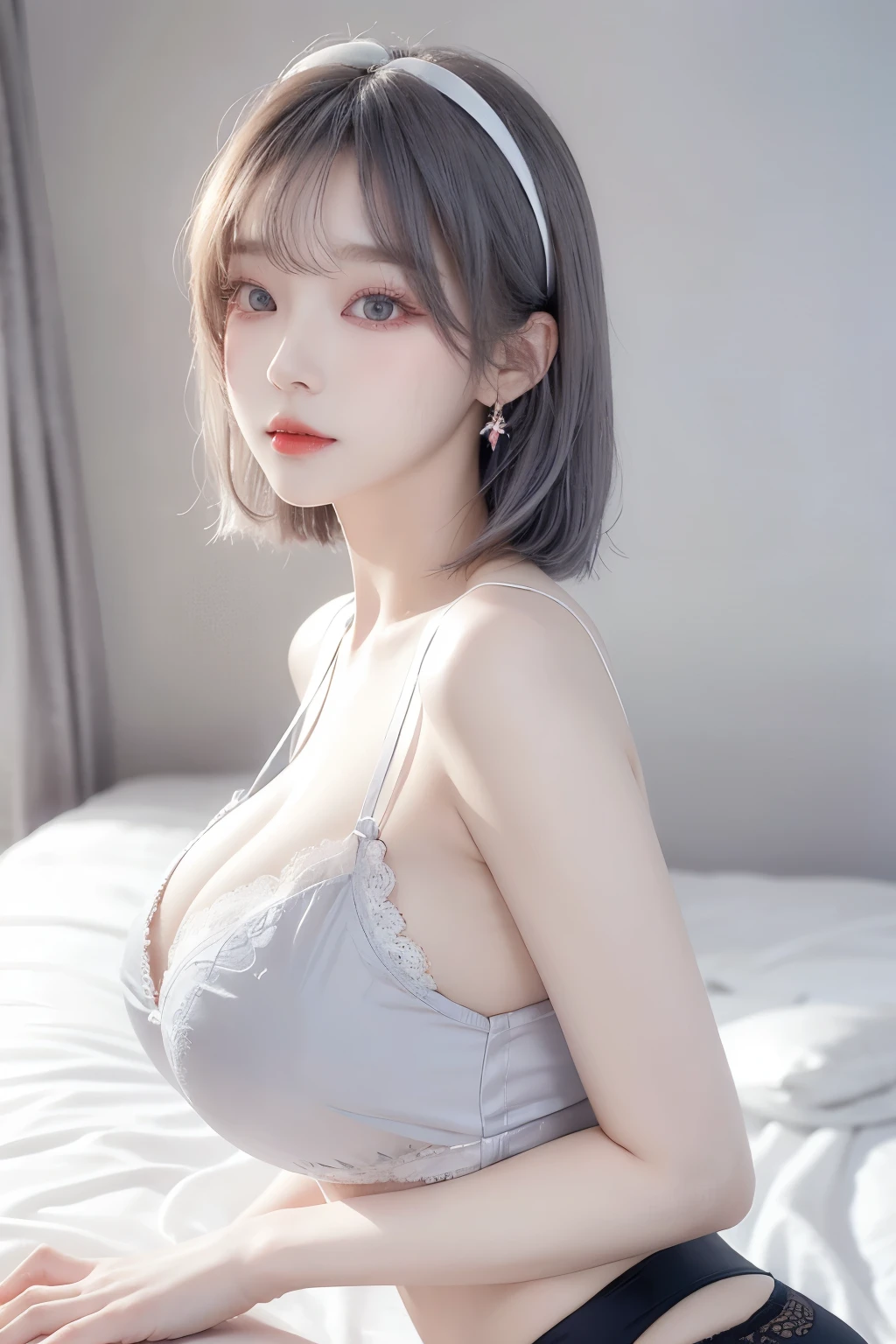 Best image quality, RAW photo, super high resolution, taken from the side, gentle smile, Korean, very big breasts, tie, ribbon , fair skin, shiny white skin, short bob, bright silver hair, bright gray hair, neatly aligned bangs, beautiful eyes, beautiful eyes of random colors, very thin lips, beautiful eyes with details, Elongated eyes, pale pink blush, long eyelashes, beautiful double eyelids, eyeshadow, earrings, black lace underwear, on the bed,