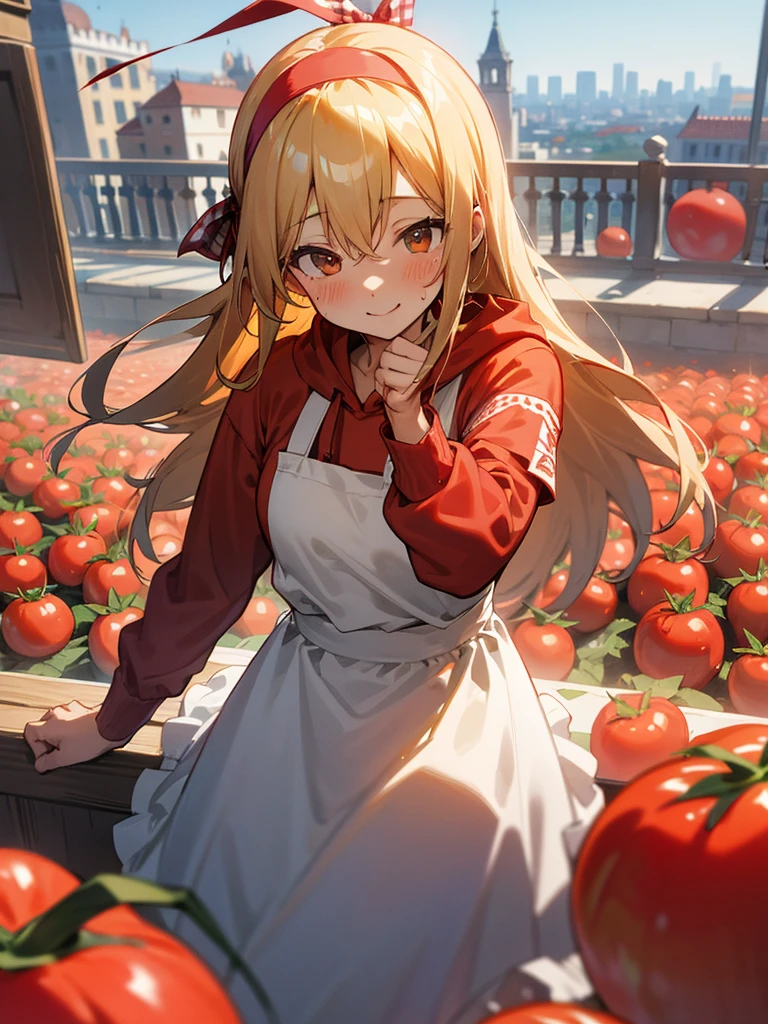Tomato festival in Spain、European cityscape、All red、Flying Tomato、Smiling person throwing tomatoes々、tomato juice、1girl、Red gingham check apron dress、tomato juiceで汚れている、Throwing tomatoes with a smile、blonde、hair band、Long Hair、Red hoodie、girl、With tomato pieces、A stained apron、Sweat、tomato juiceで濡れている、There are lots of tomatoes、A lot of smashed tomatoes、tomato juiceの道路、Someone who seems to be having fun々、