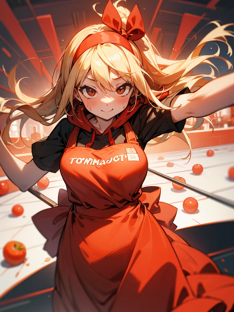 Tomato festival in Spain、European cityscape、All red、Flying Tomato、Smiling person throwing tomatoes々、tomato juice、1girl、Red gingham check apron dress、tomato juiceで汚れている、Throwing tomatoes with a smile、blonde、hair band、Long Hair、Red hoodie、girl、With tomato pieces、A stained apron、Sweat、tomato juiceで濡れている、There are lots of tomatoes、A lot of smashed tomatoes、tomato juiceの道路、Someone who seems to be having fun々、