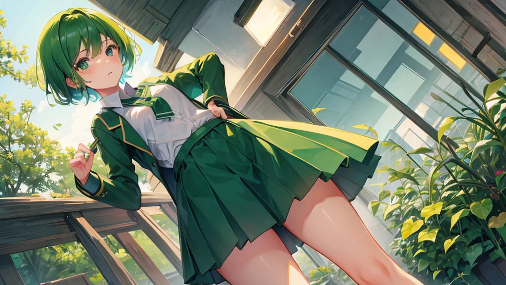 girl with green short hair, school royal clothes, leave, 8k resolution