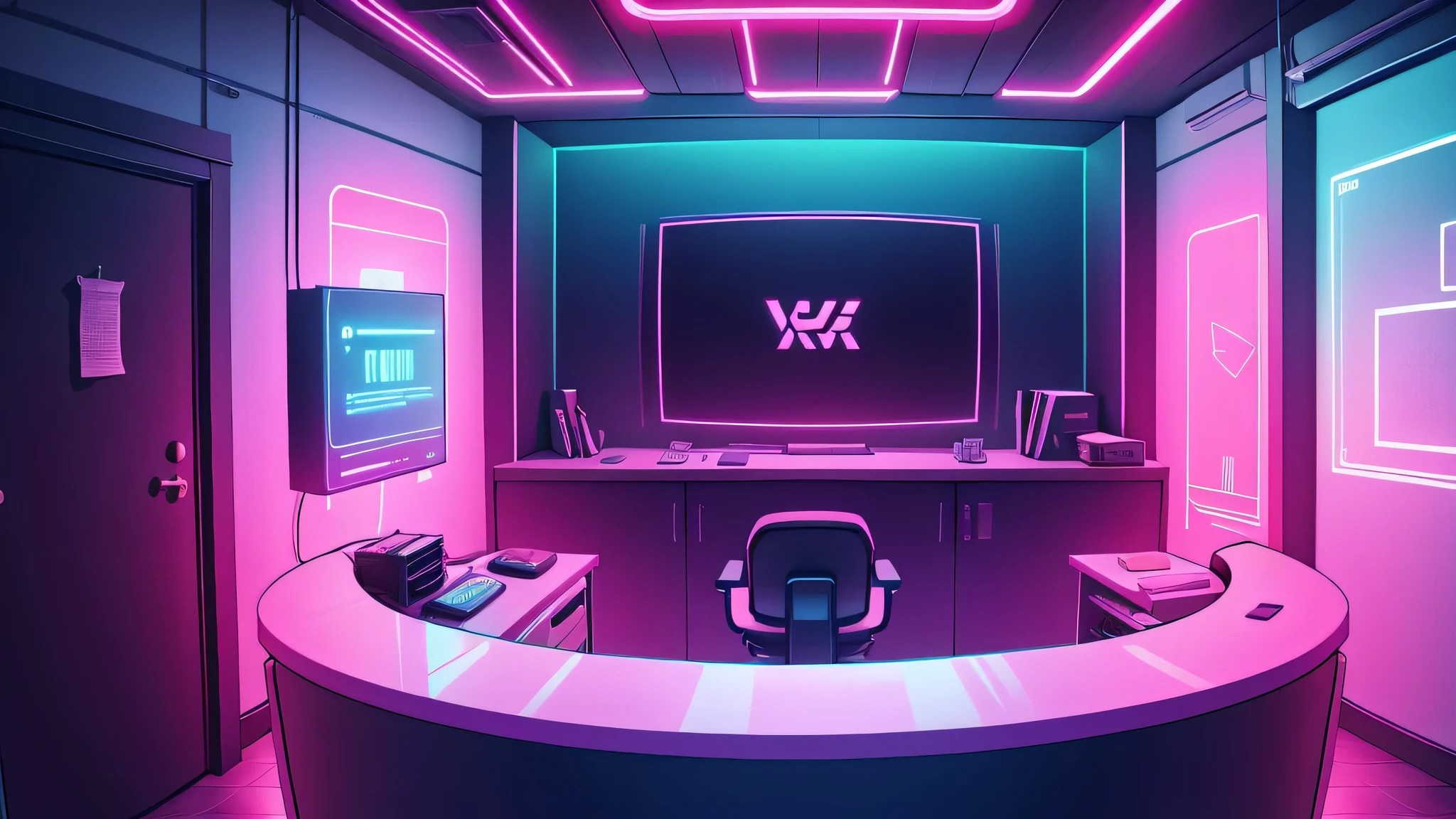 background, room, vtuber room, hacker, neon, interior, streamer room, front desk