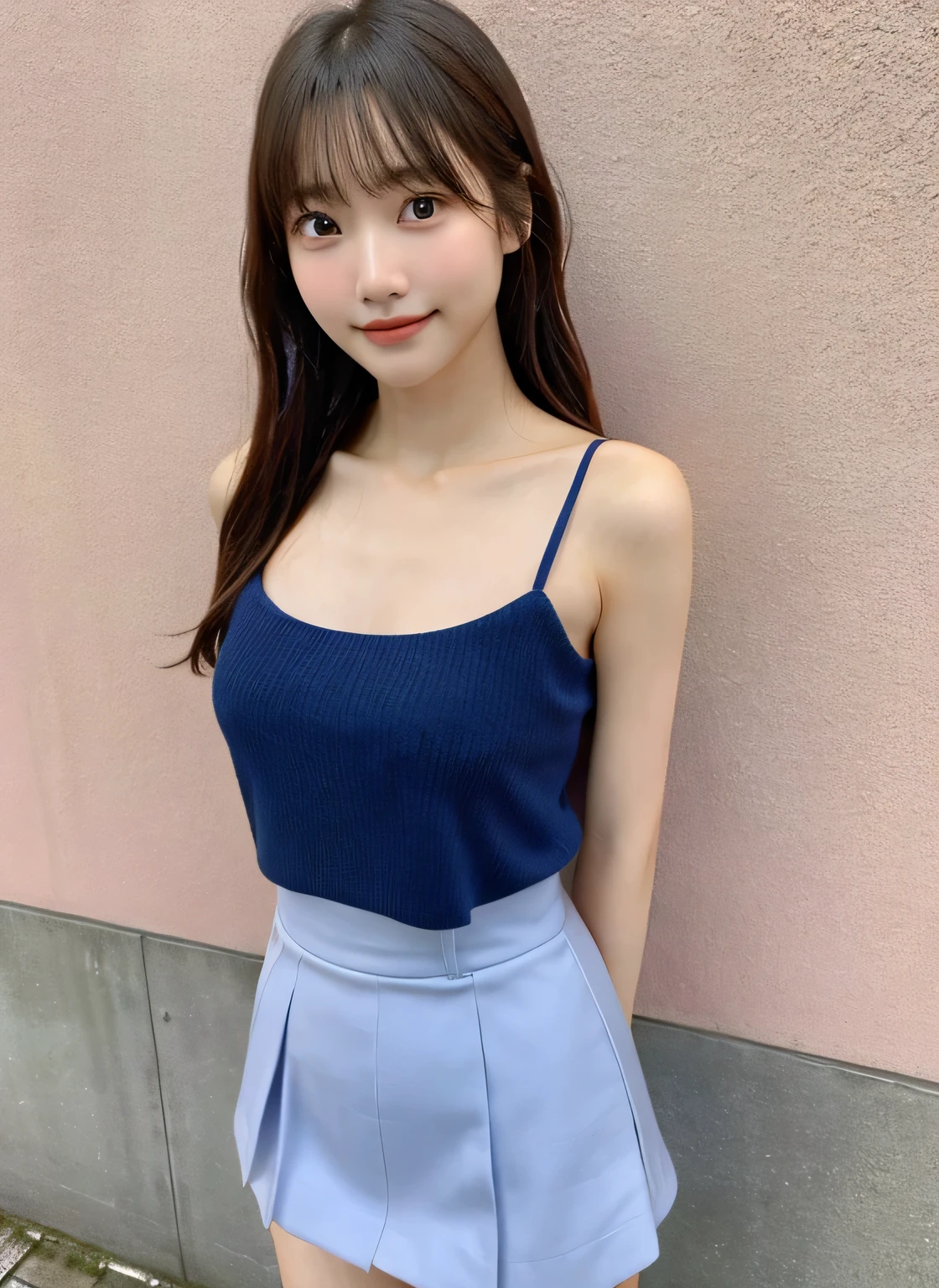 (masterpiece:1.3)、14 years old、Shapely small breasts、slender、Slim body、Very fine finish、(High resolution、8k:1.3)、highest quality、Beautiful Hands、Beautiful Hands指、(Ultra-realistic as a photo:1.3), Ultra High Resolution Face、The face is in focus、Ultra high definition and beautiful eyes、(Concentrated eyes:1.3)、(Eyes are symmetrical:1.3)、High quality and beautiful skin、Firm Skin、Natural Makeup、Gloss lips, Ultra HD Hair Texture、Japanese women、high school girl、(超High resolution)),8K,14 years old、Small breasts、Flat Chest、Small breasts, , Very short hairstyle, Blue mini skirt, Red tie、Navy blue Y-shirt、Idol Sculpture, Wet, smile、Pink wall、sexy、slender、Well-shaped small breasts、I can see your thighs,Nogizaka Idol、smile、cute、