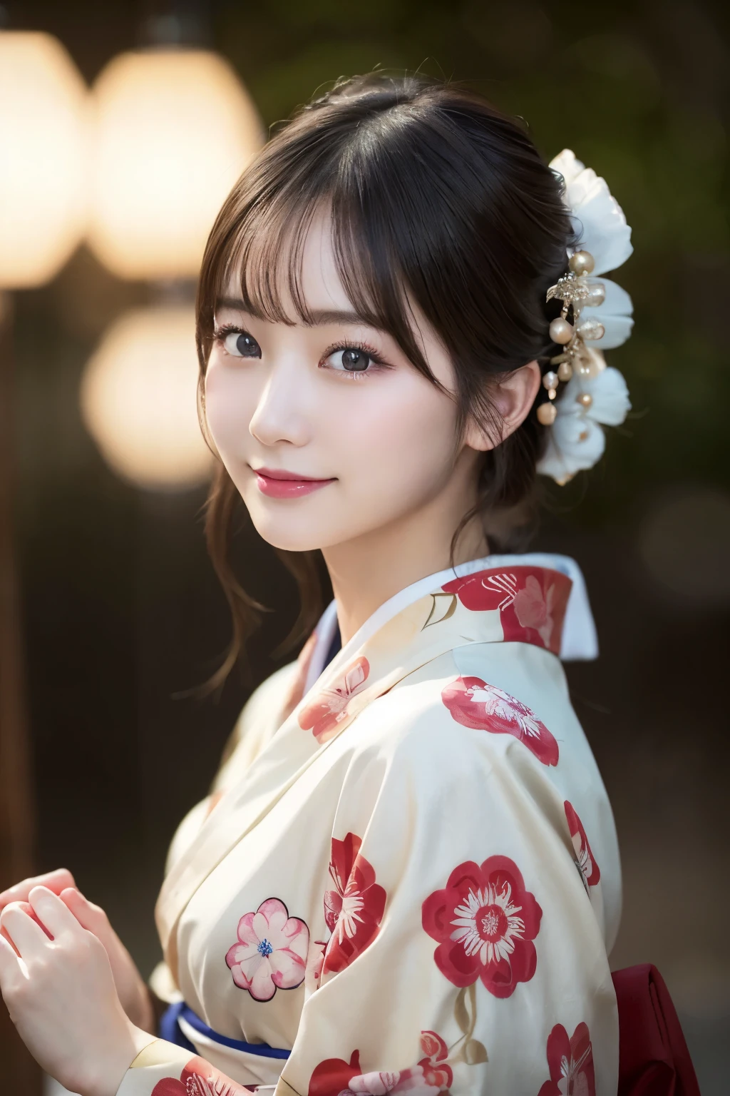 (kimono)、masterpiece、beautiful girl、Beautiful detailed eyes、highest quality, 超A high resolution, (reality: 1.4), Cinema Lighting、(Japanese Girls)、so beautiful、Beautiful Skin、(Looking at the audience)、(Surreal)、(High resolution)、(8k)、(Very detailed)、(Beautiful fine details)、(Very detailed)、 (wallpaper)、Detailed face、Bright lighting、Professional Lighting、Smile