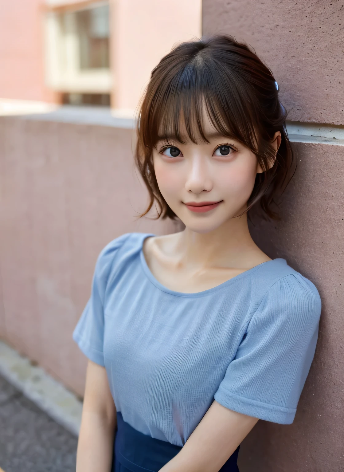 (masterpiece:1.3)、、Shapely small breasts、slender、Slim body、Very fine finish、(High resolution、8k:1.3)、highest quality、Beautiful Hands、Beautiful Hands指、(Ultra-realistic as a photo:1.3), Ultra High Resolution Face、The face is in focus、Ultra high definition and beautiful eyes、(Concentrated eyes:1.3)、(Eyes are symmetrical:1.3)、High quality and beautiful skin、Firm Skin、Natural Makeup、Gloss lips, Ultra HD Hair Texture、Japanese women、high school girl、(超High resolution)),8K,14 years oldts、Flat Chest、Small breasts, , Very short hairstyle, Blue mini skirt, Red tie、Navy blue Y-shirt、Idol Sculpture, Wet, smile、Pink wall、sexy、slender、Well-shaped small breasts、I can see your thighs,Nogizaka Idol、smile、cute、